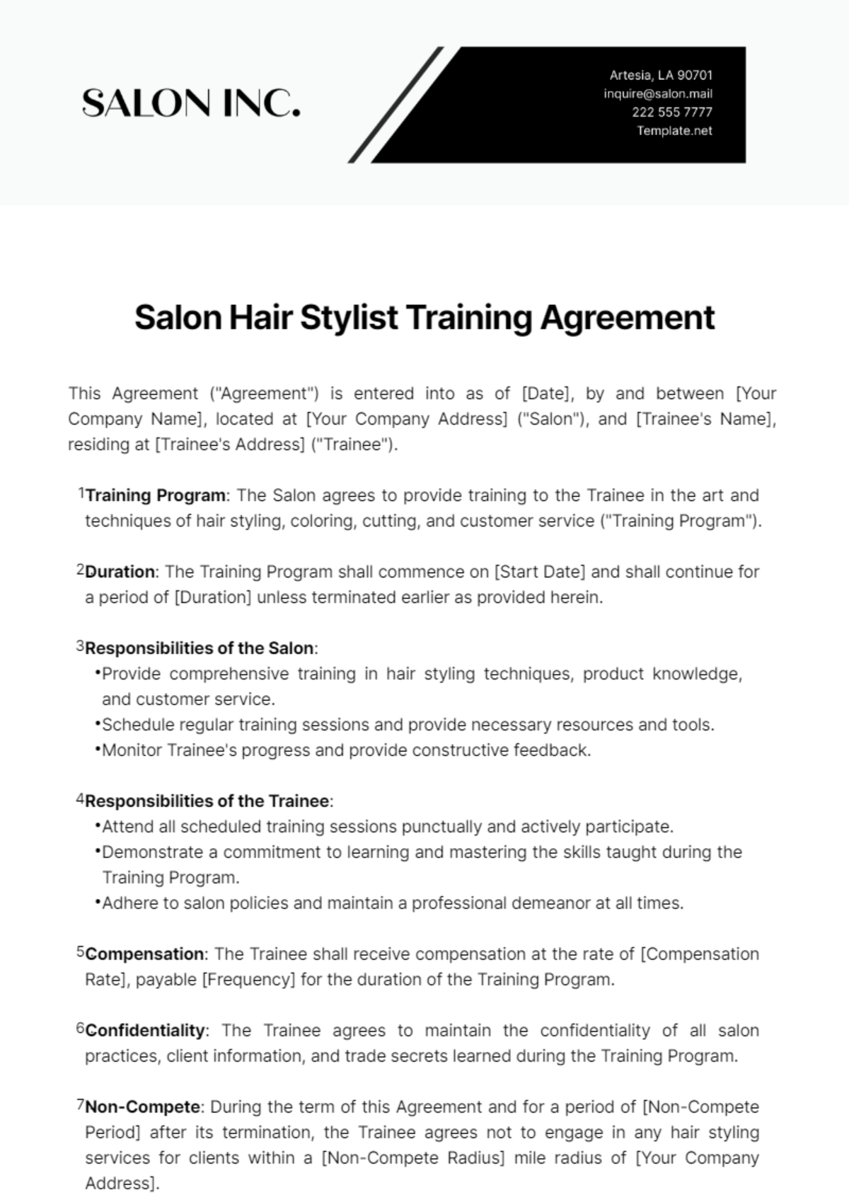 Salon Hair Stylist Training Agreement Template
