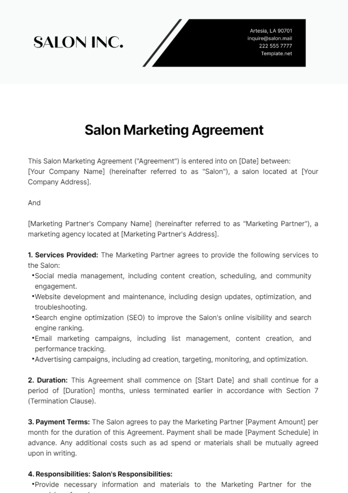 Salon Marketing Agreement Template - Edit Online & Download