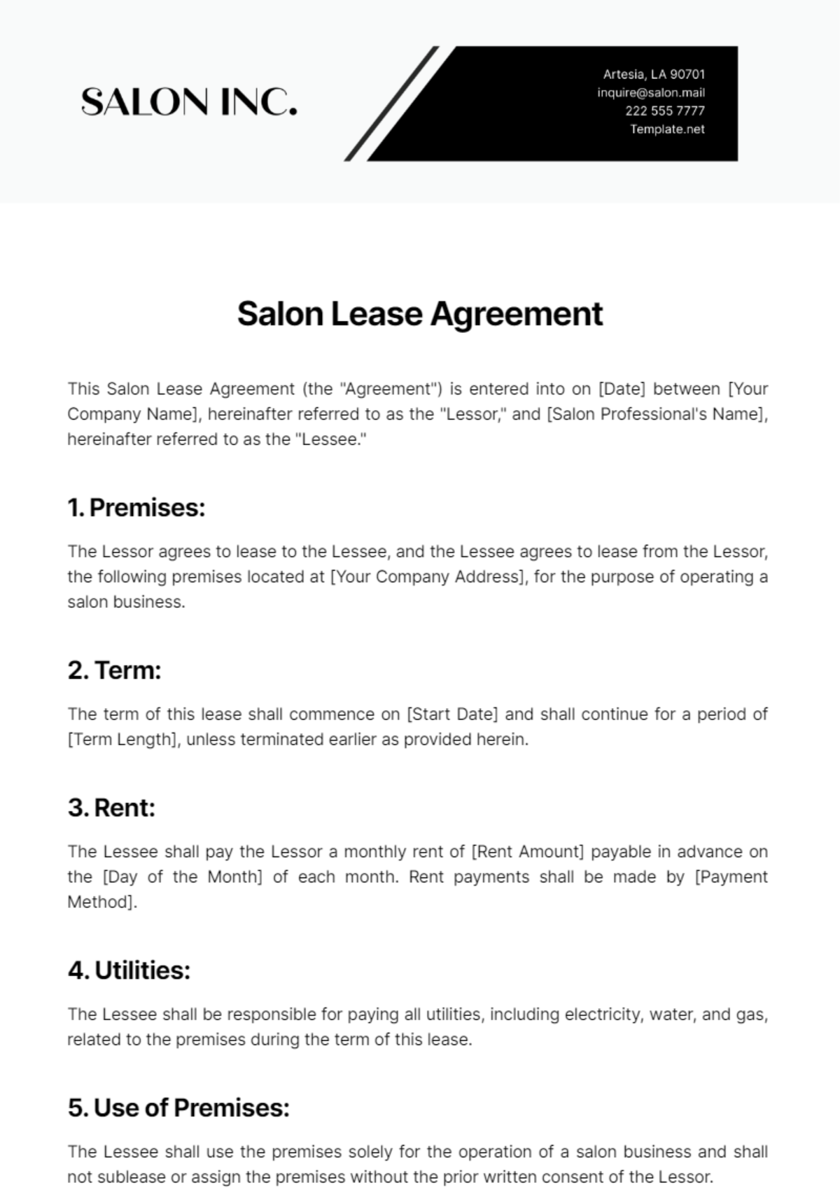 Salon Lease Agreement Template - Edit Online & Download