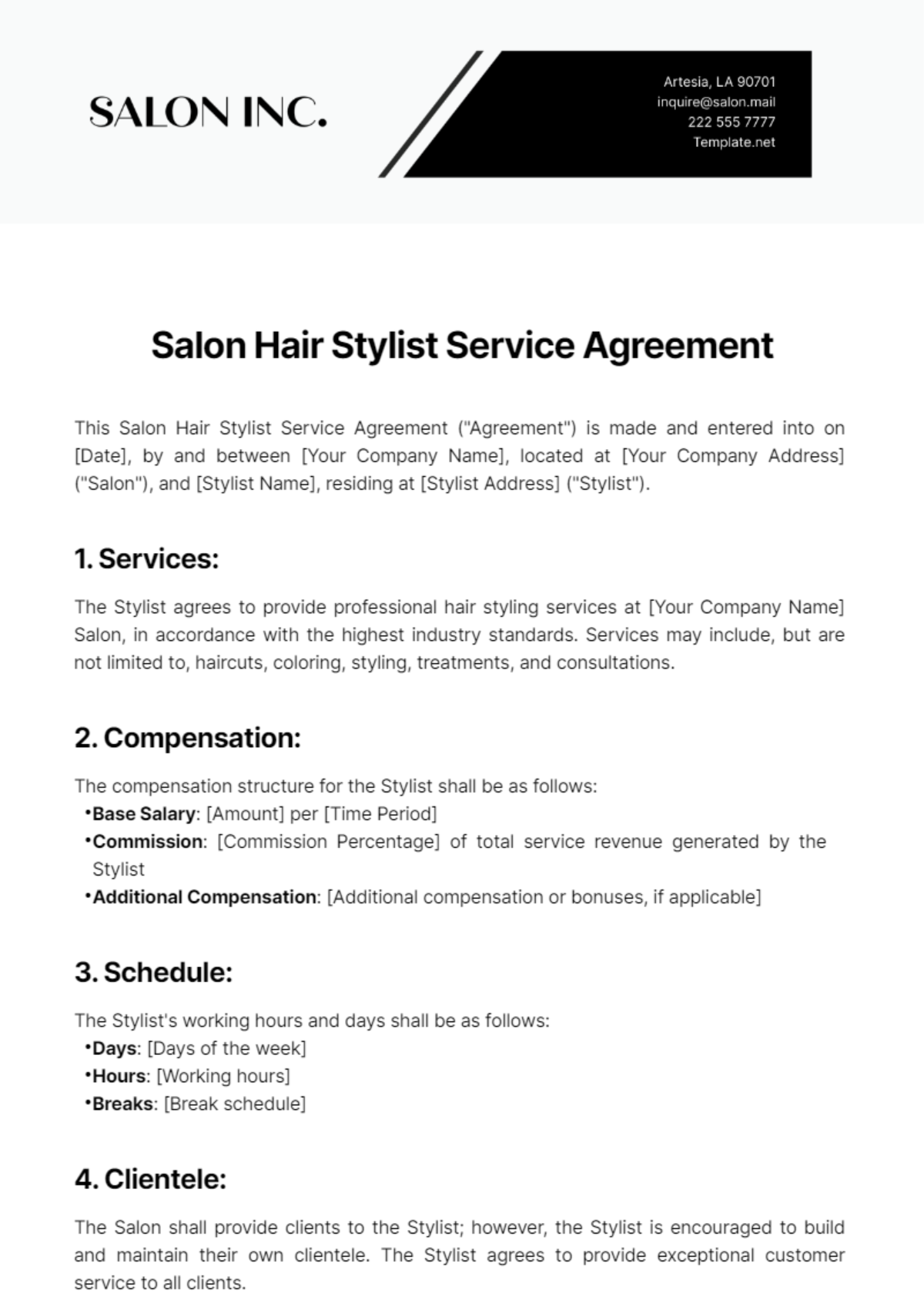 Salon Hair Stylist Service Agreement Template