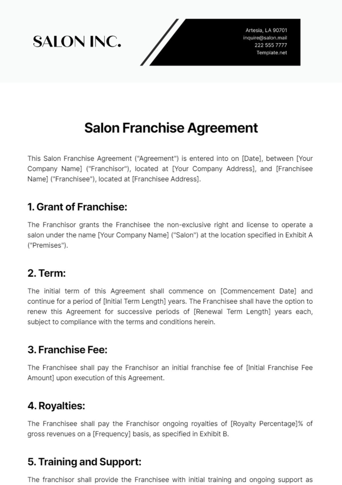 Salon Franchise Agreement Template - Edit Online & Download