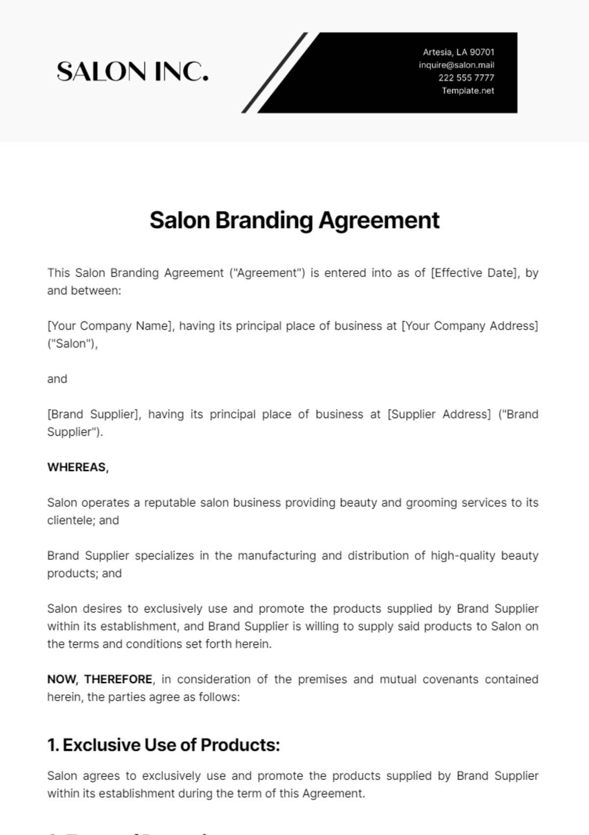 Salon Branding Agreement Template