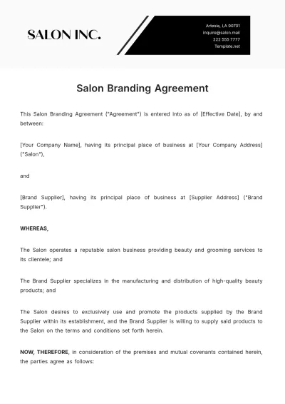 Free Salon Branding Agreement Template to Edit Online