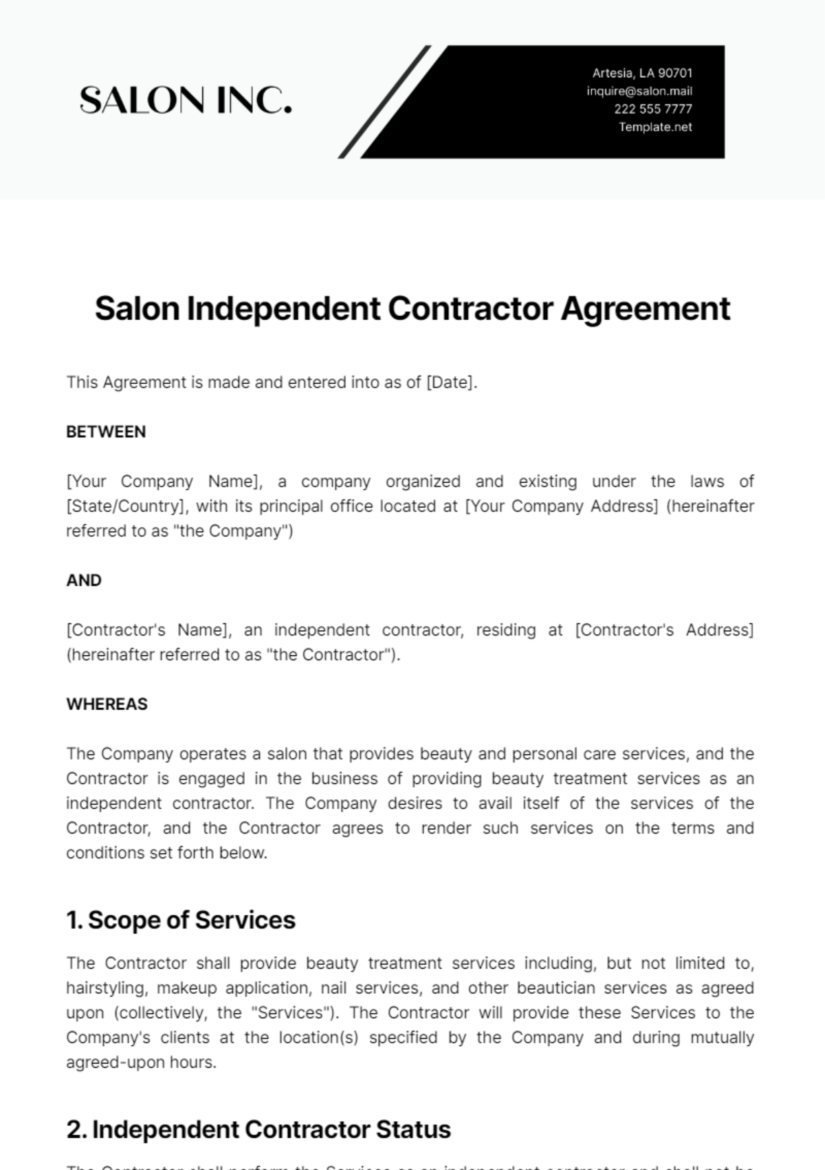 Salon Independent Contractor Agreement Template