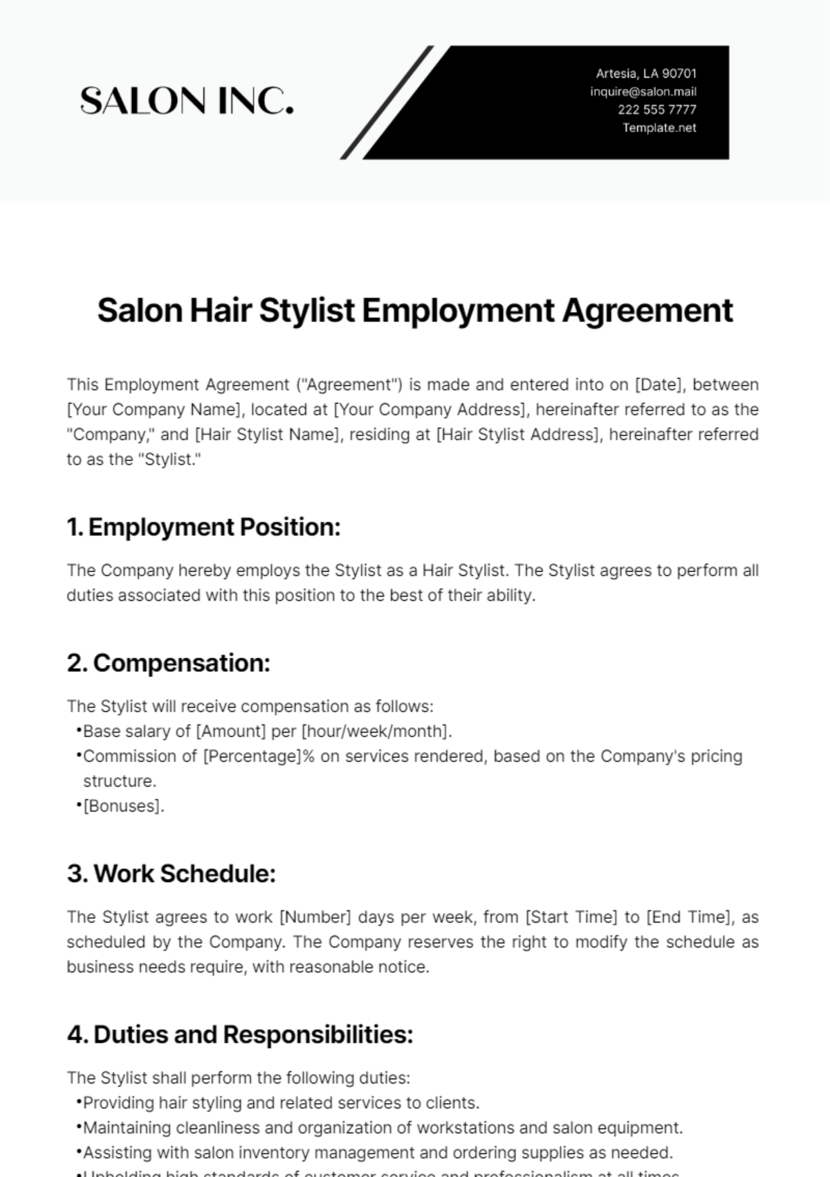 Salon Hair Stylist Employment Agreement Template