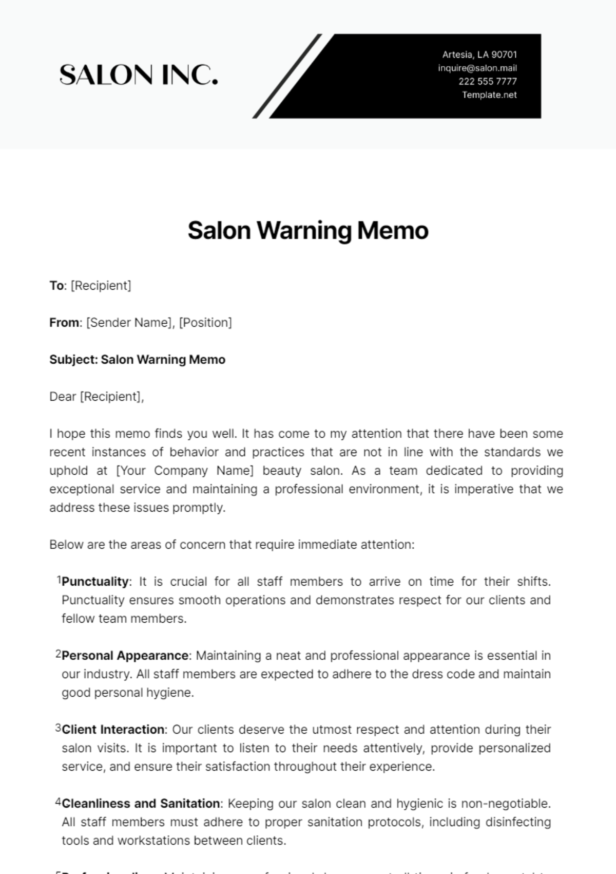 Salon Warning Memo Template