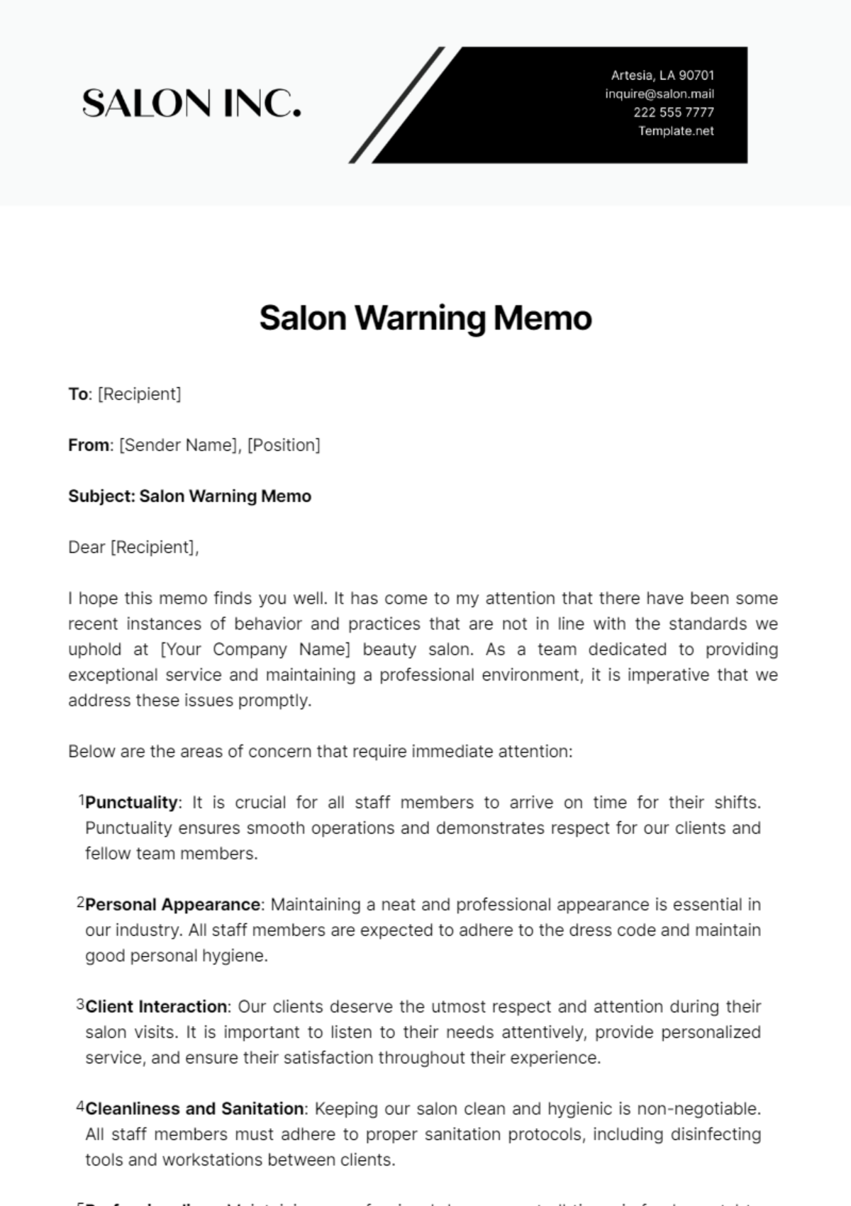 Salon Warning Memo Template - Edit Online & Download