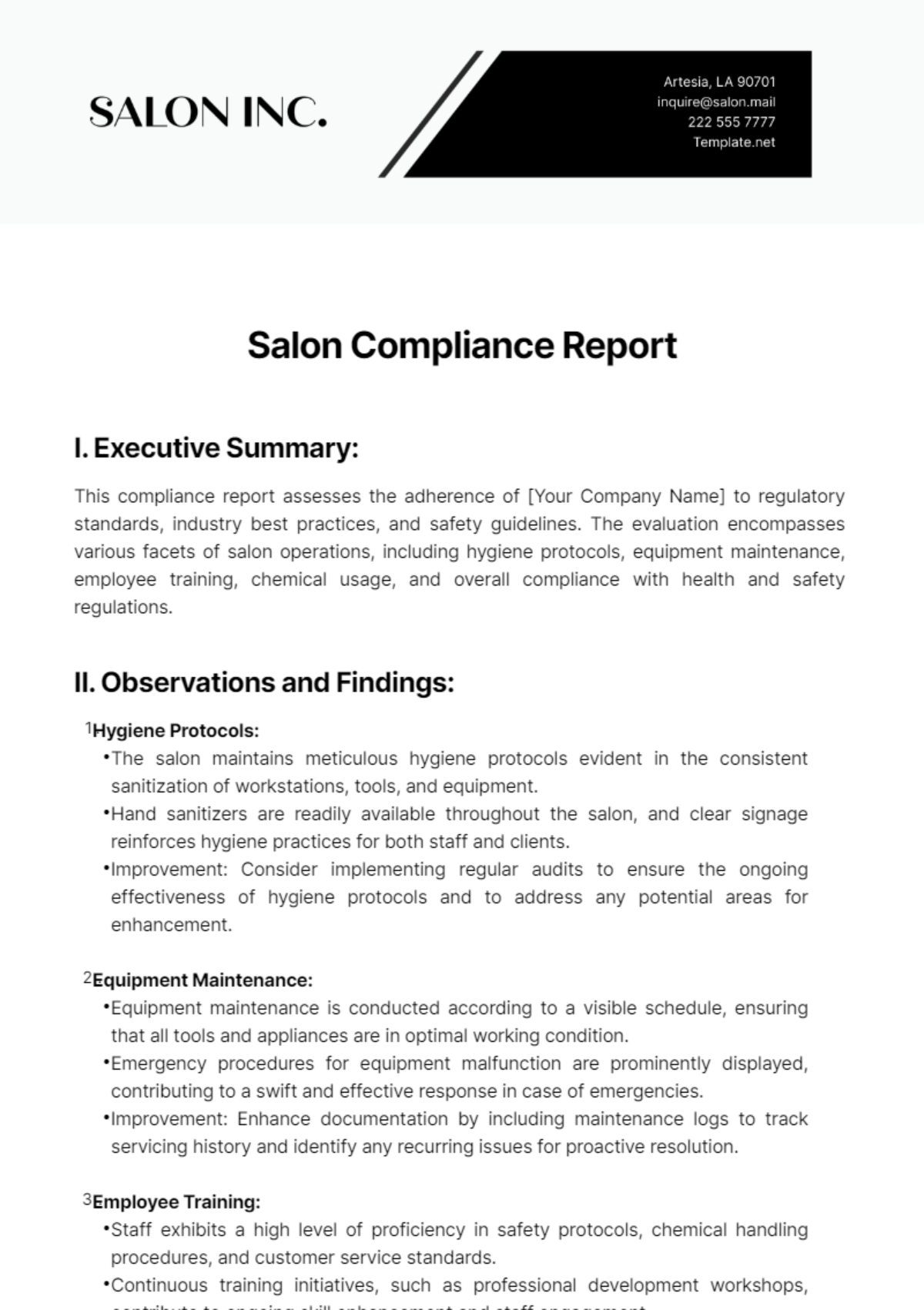 Salon Compliance Report Template