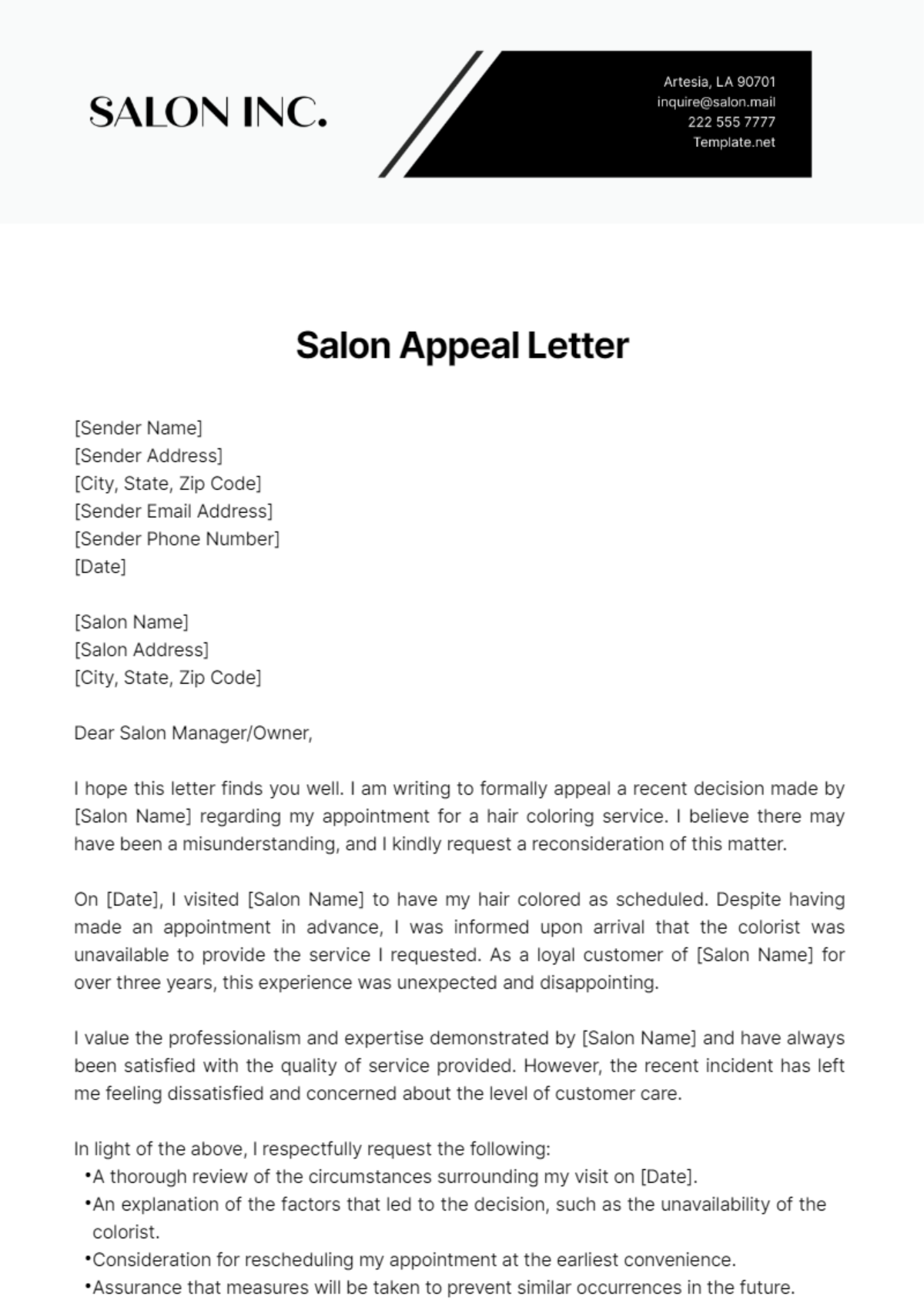Salon Appeal Letter Template