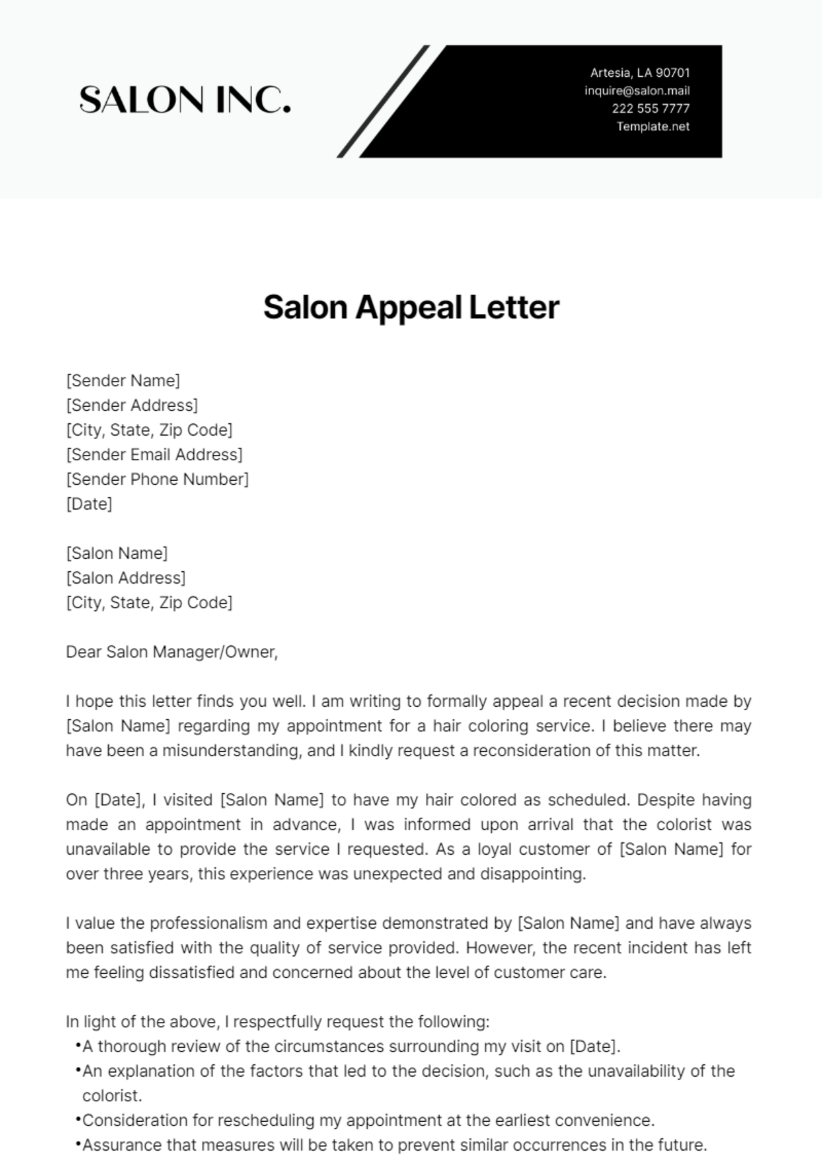 Salon Appeal Letter Template - Edit Online & Download