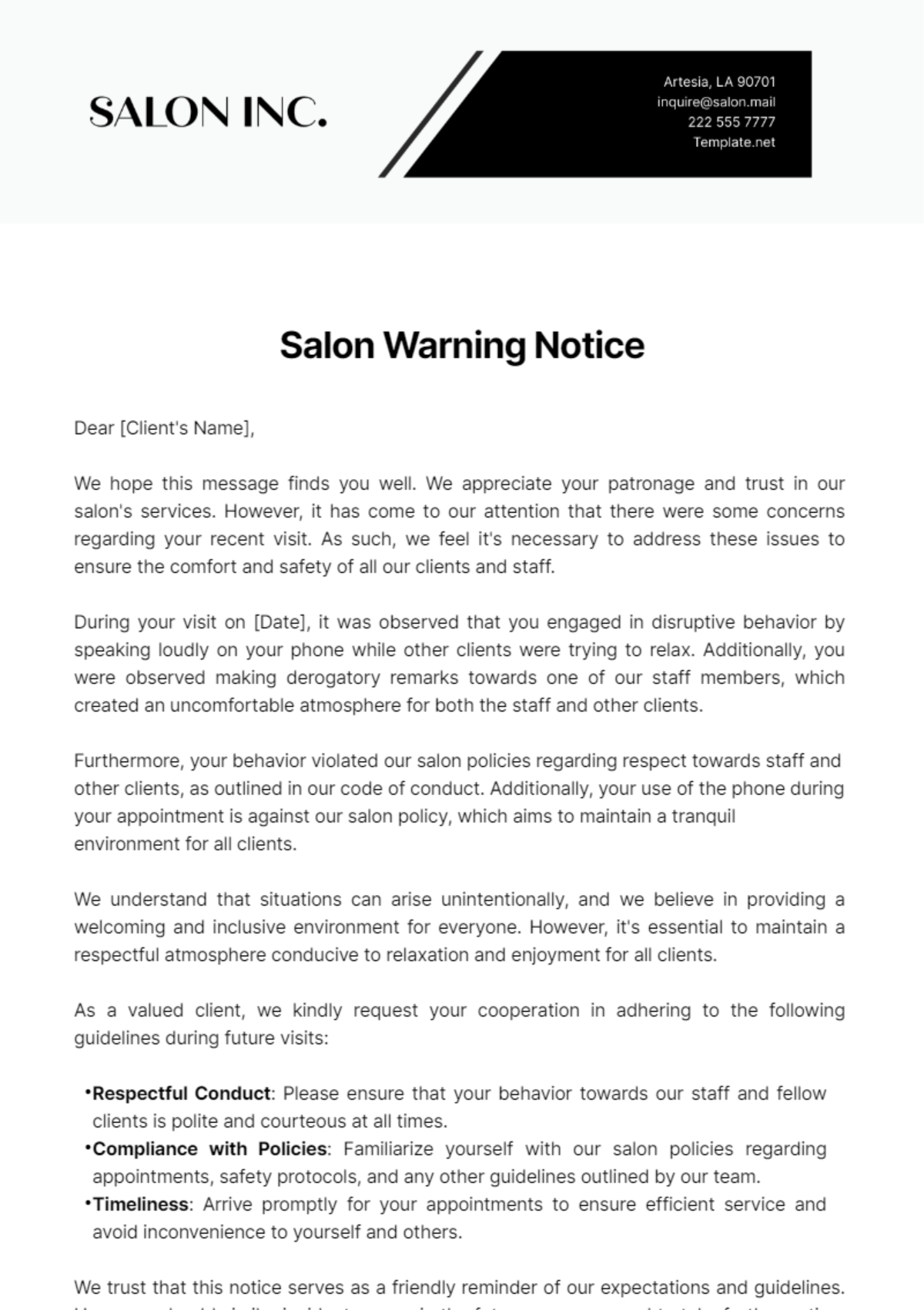 Salon Warning Notice Template