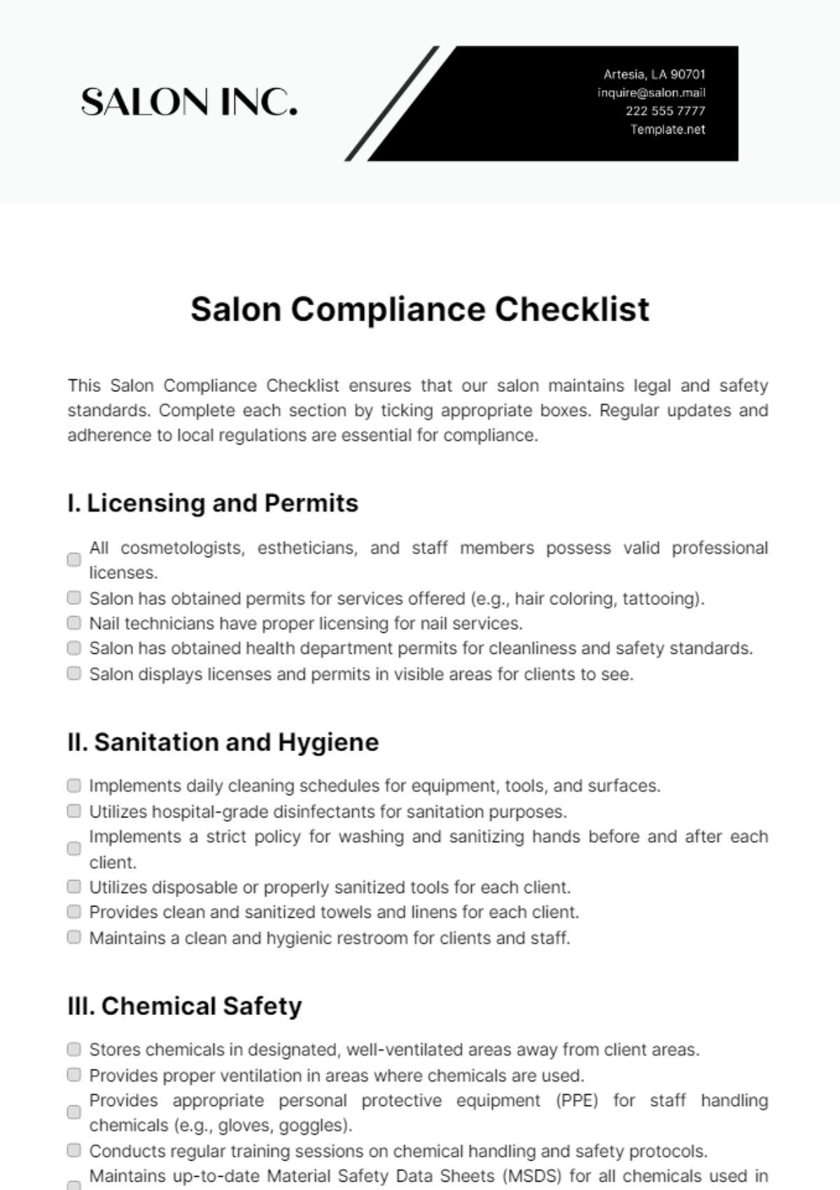 Salon Compliance Checklist Template