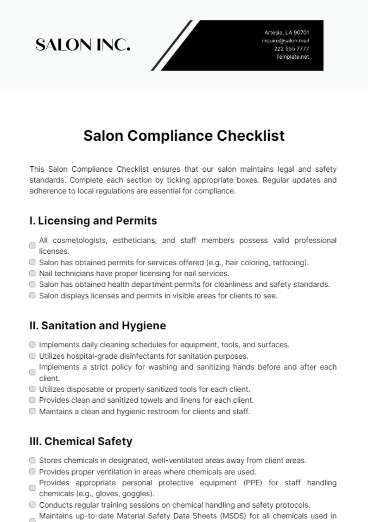 Salon Compliance Checklist Template - Edit Online & Download