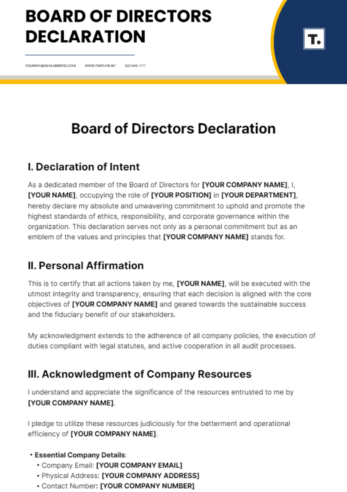 Board of Directors Declaration Template
