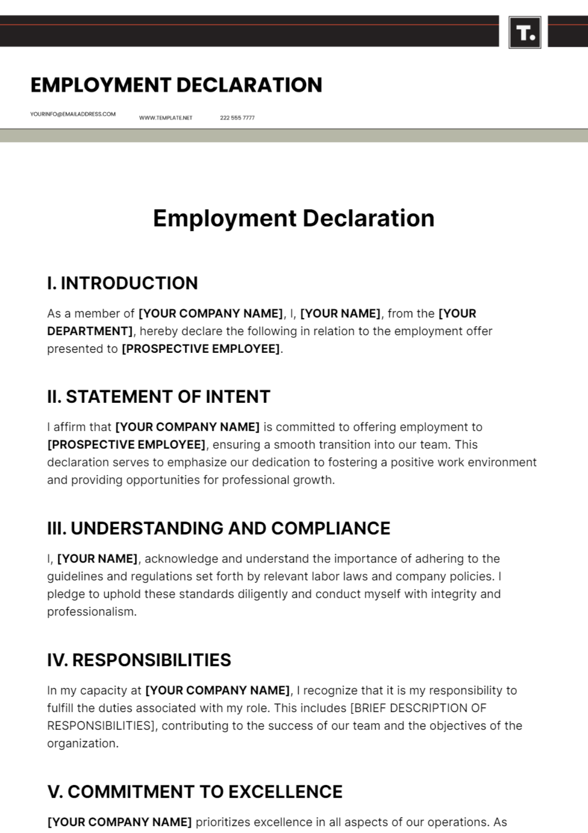 Employment Declaration Template