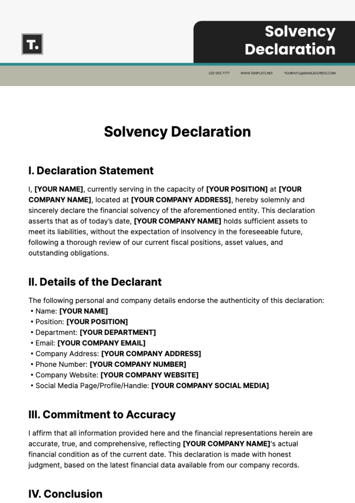 Solvency Declaration Template
