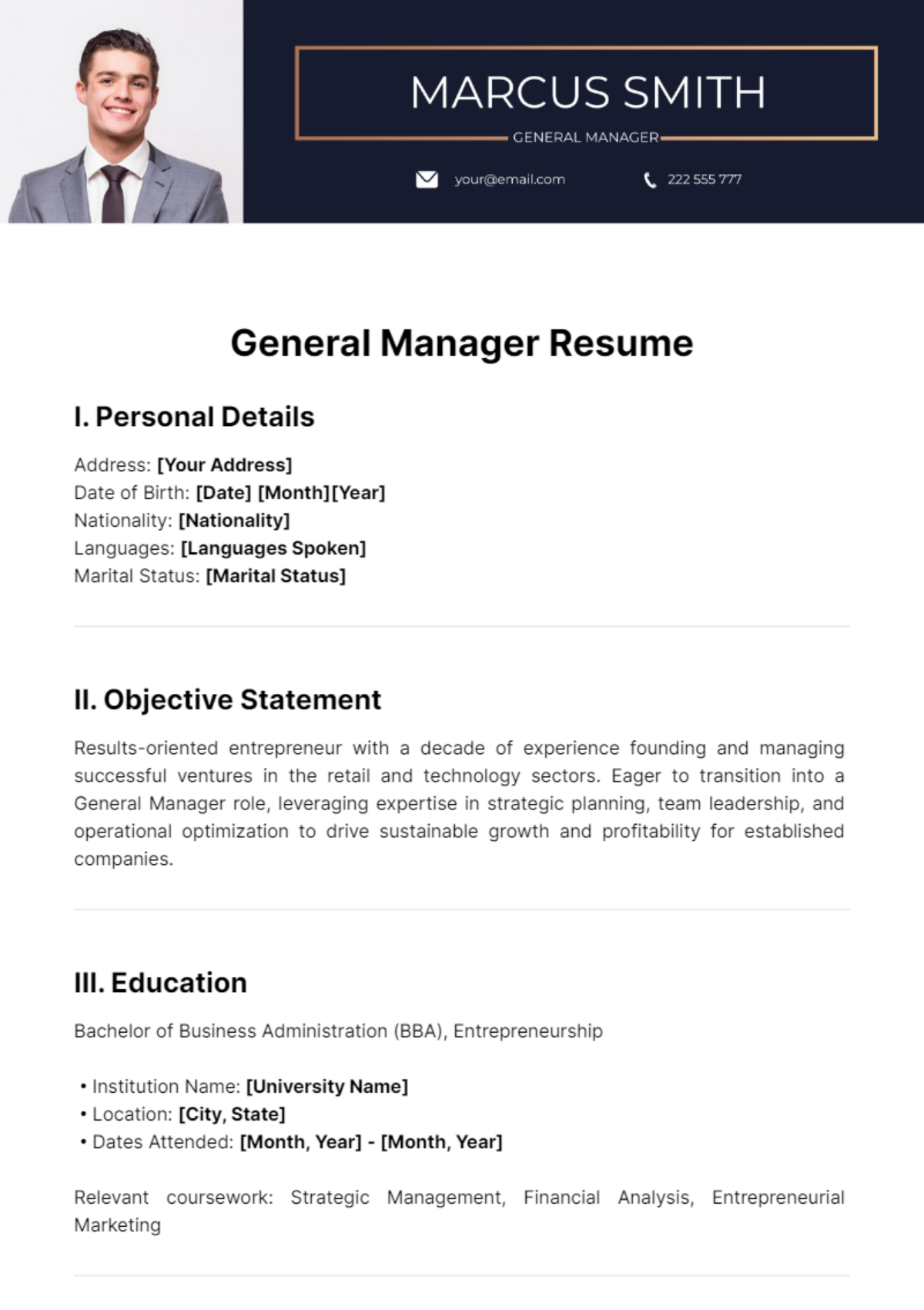 General Manager Resume Template - Edit Online & Download