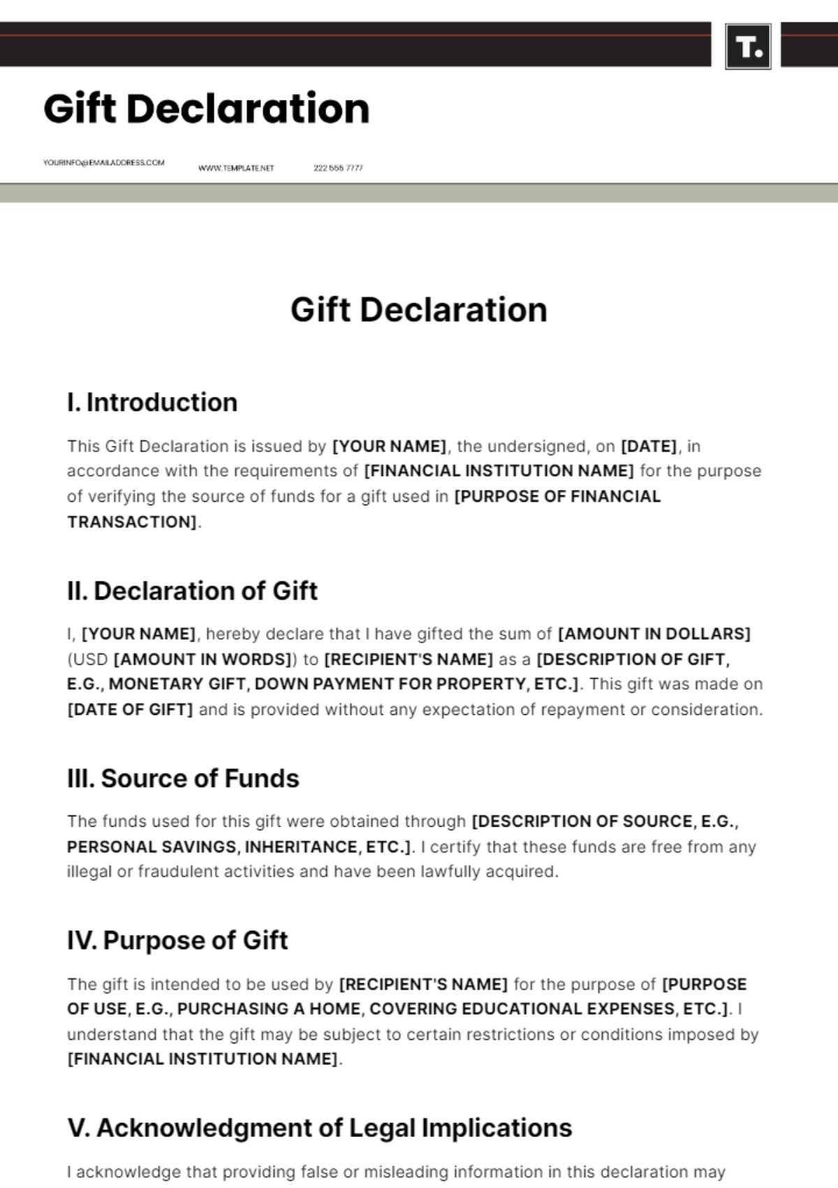 Gift Declaration Template