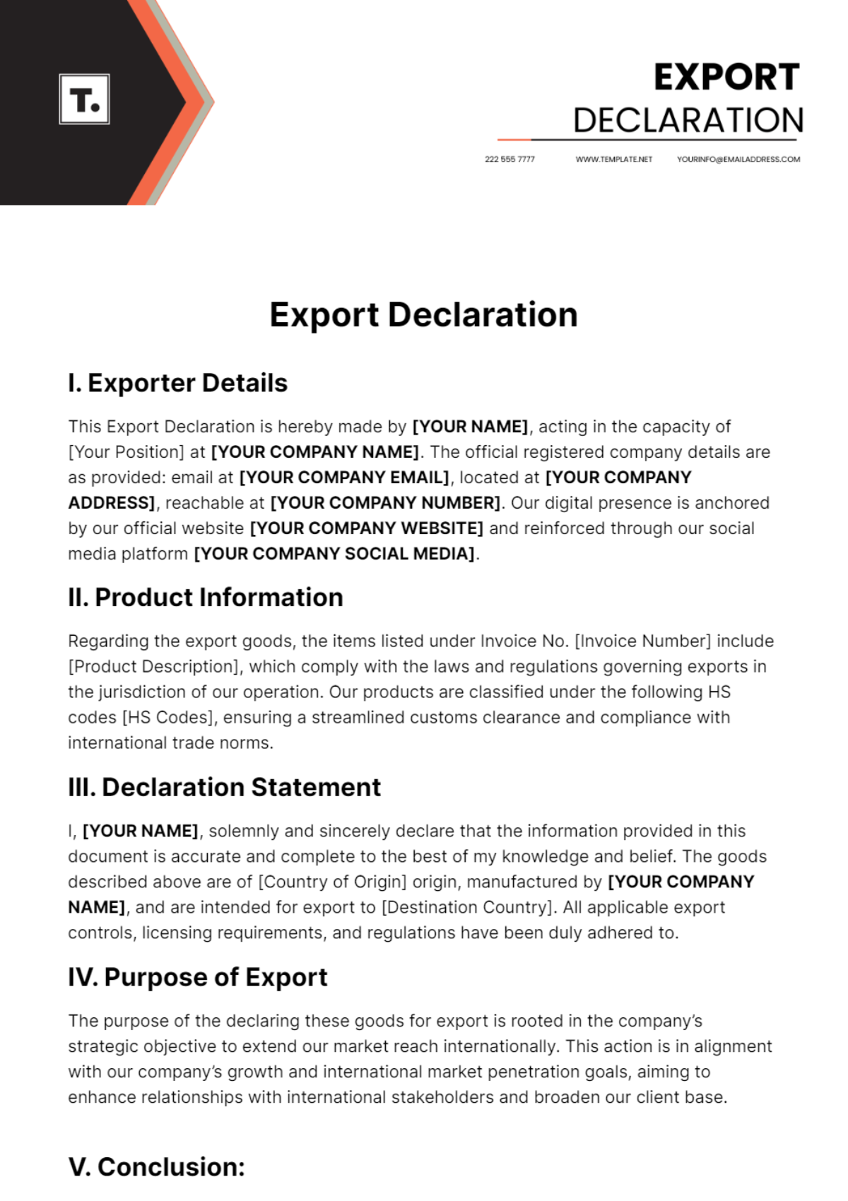 Export Declaration Template