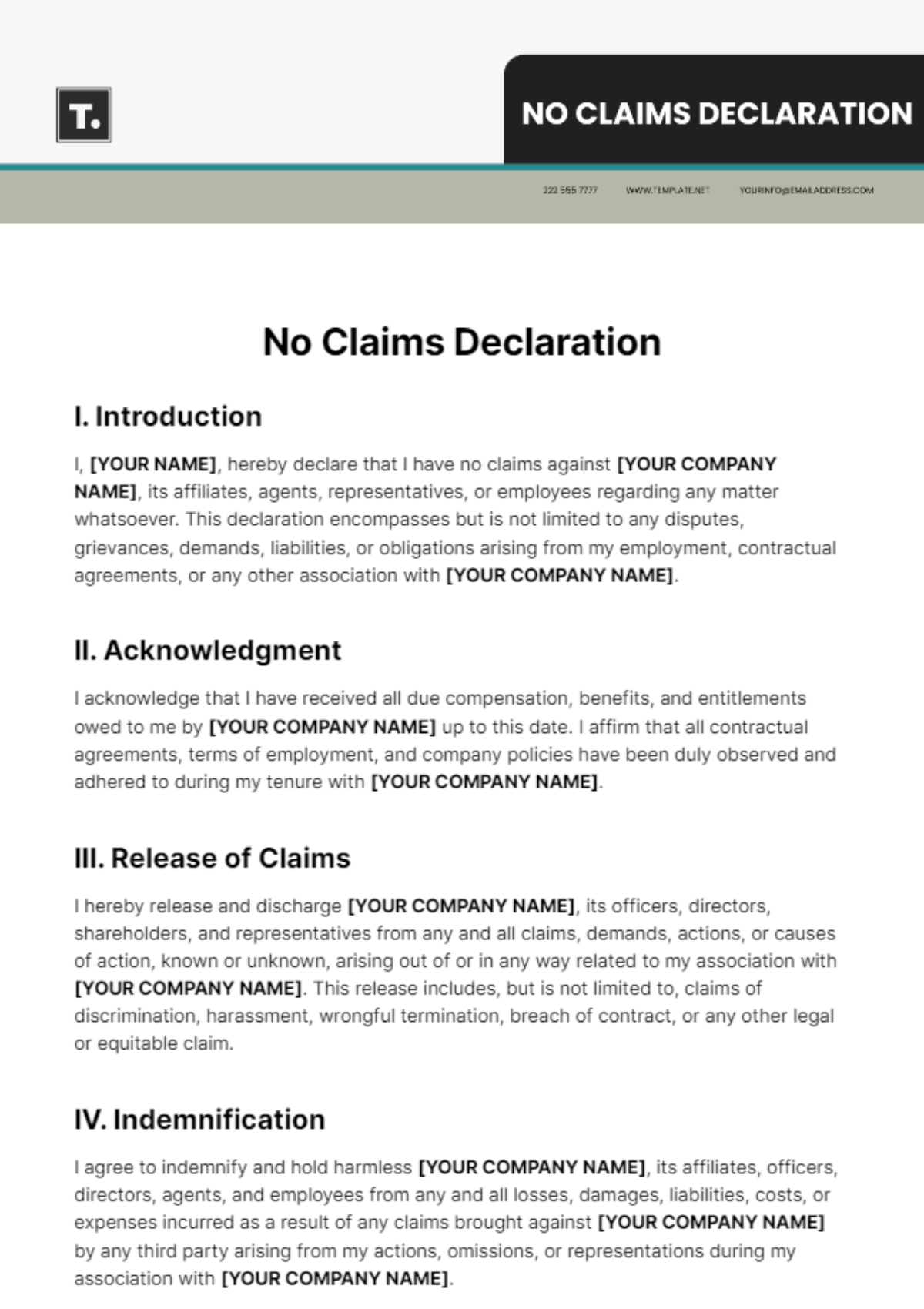 No Claims Declaration Template