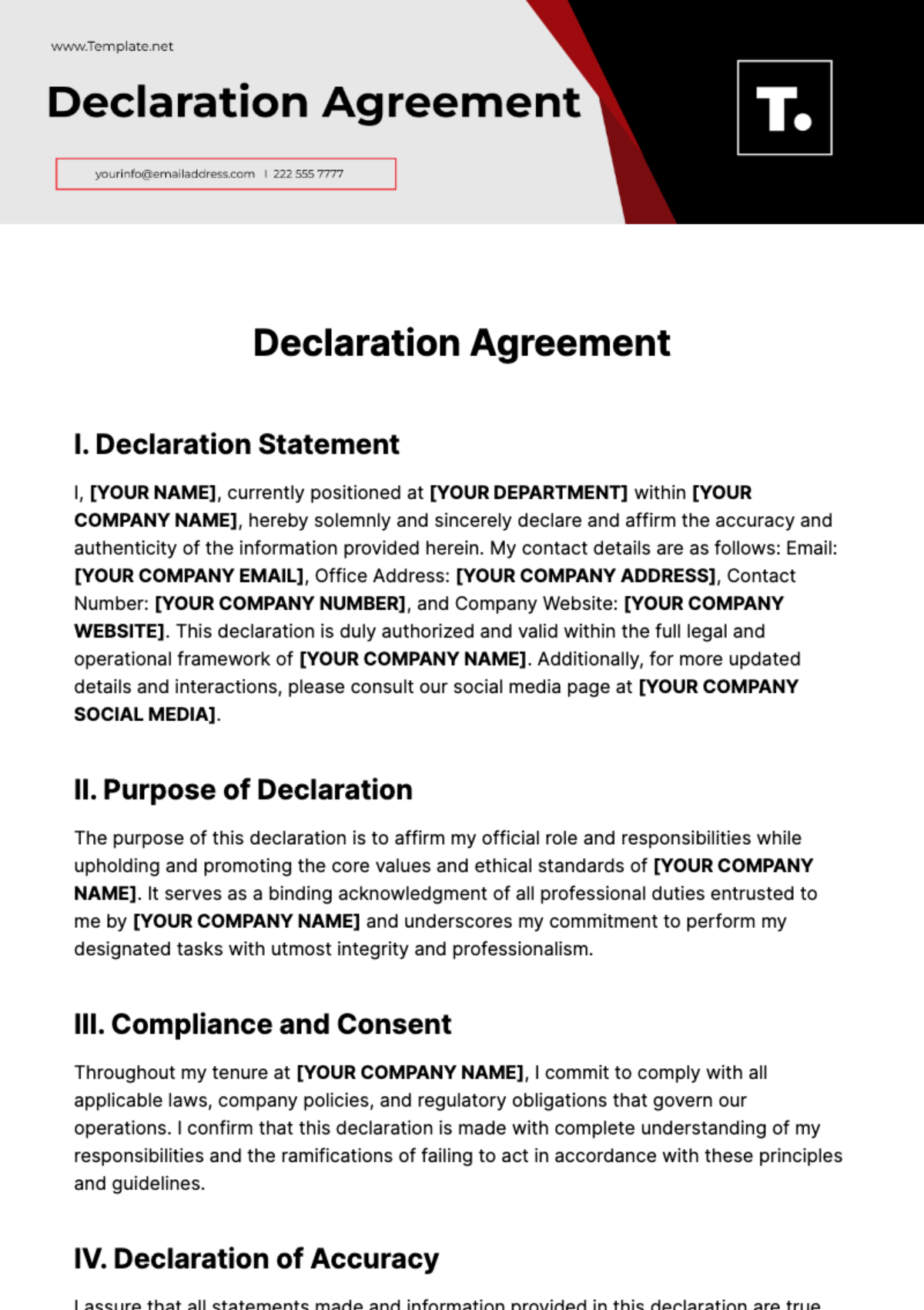 Declaration Agreement Template