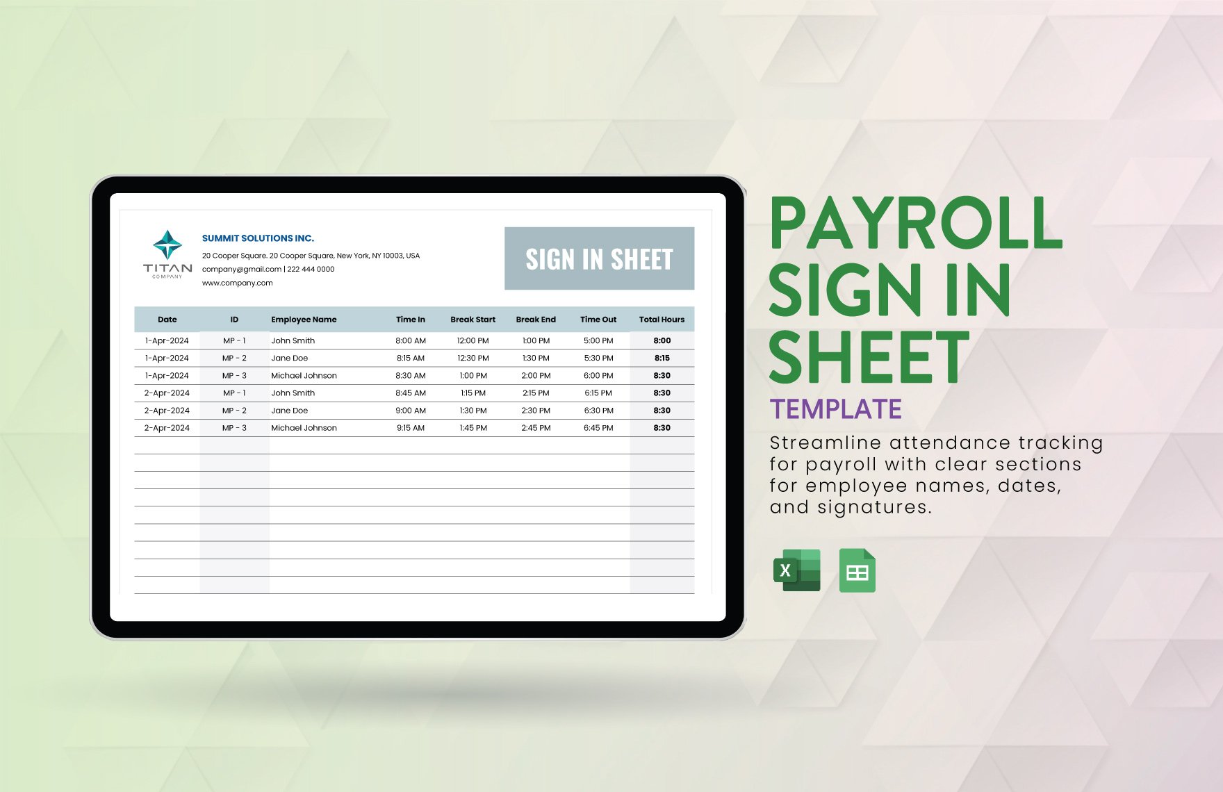 Payroll Sign in Sheet Template in Excel, Google Sheets