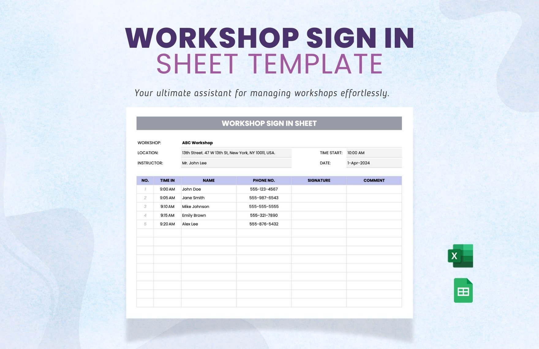 Workshop Sign in Sheet Template in Excel, Google Sheets