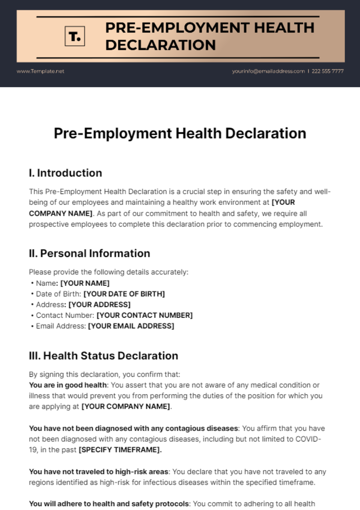 Pre-Employement Health Declaration Template
