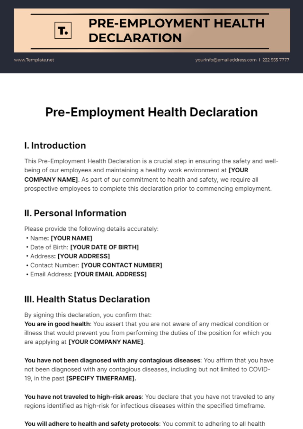 Pre-Employement Health Declaration Template - Edit Online & Download