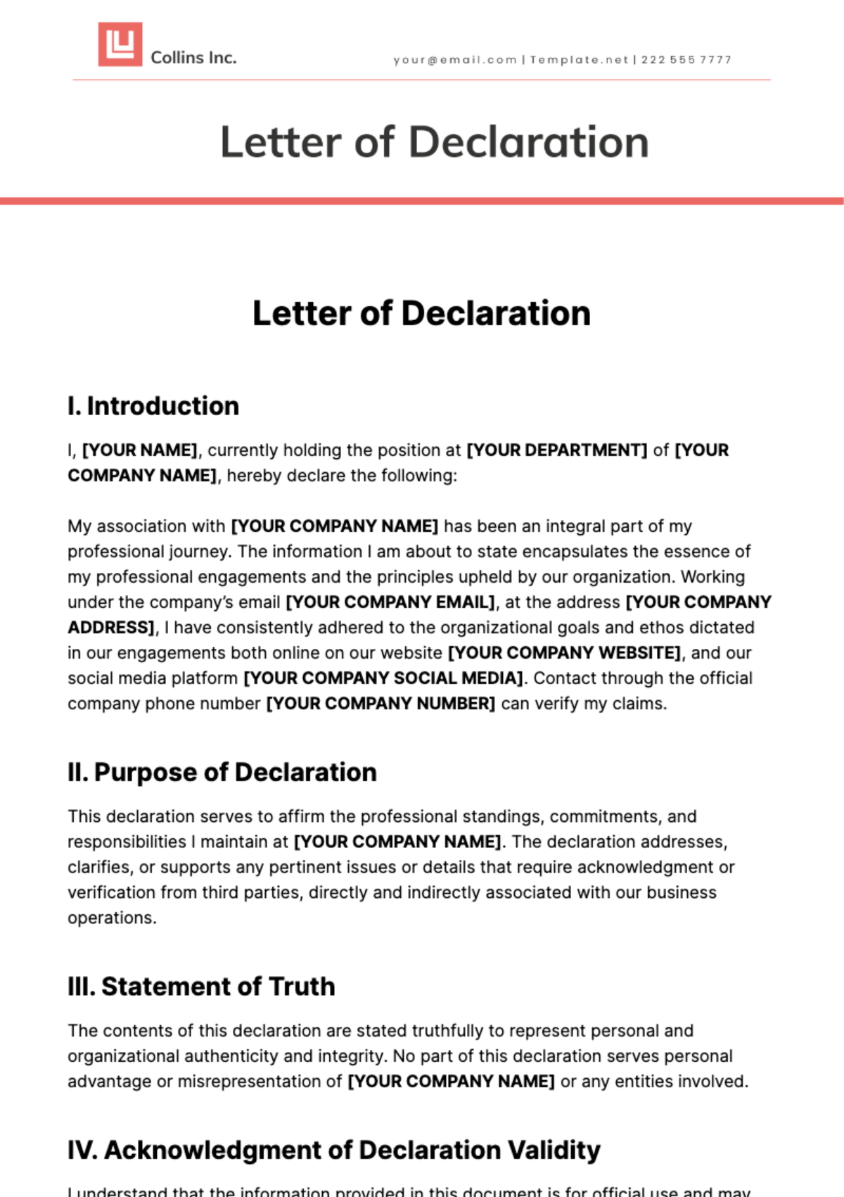 Letter of Declaration Template