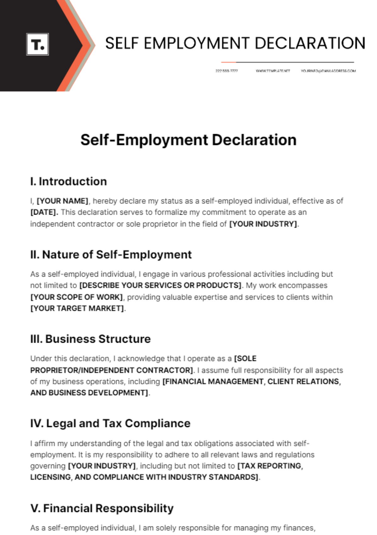 Self Employment Declaration Template