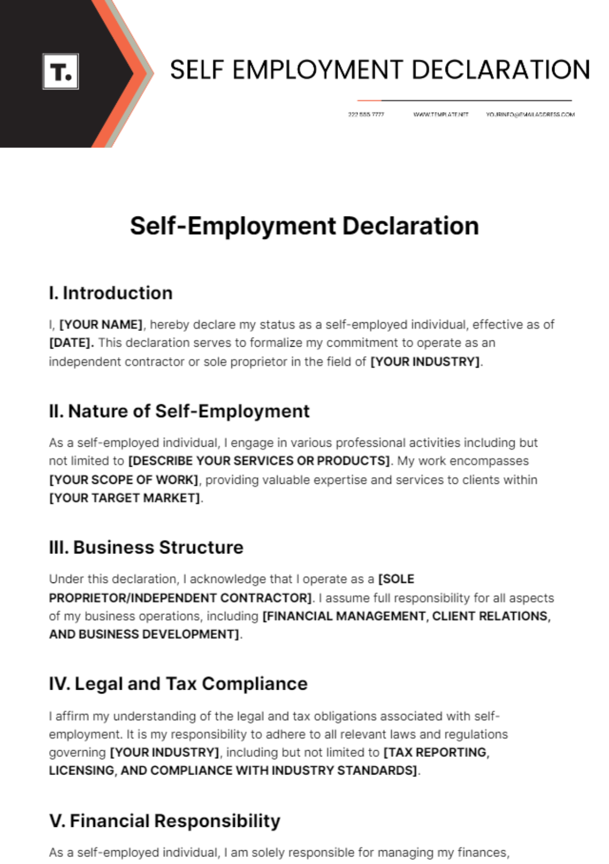 Self Employment Declaration Template - Edit Online & Download