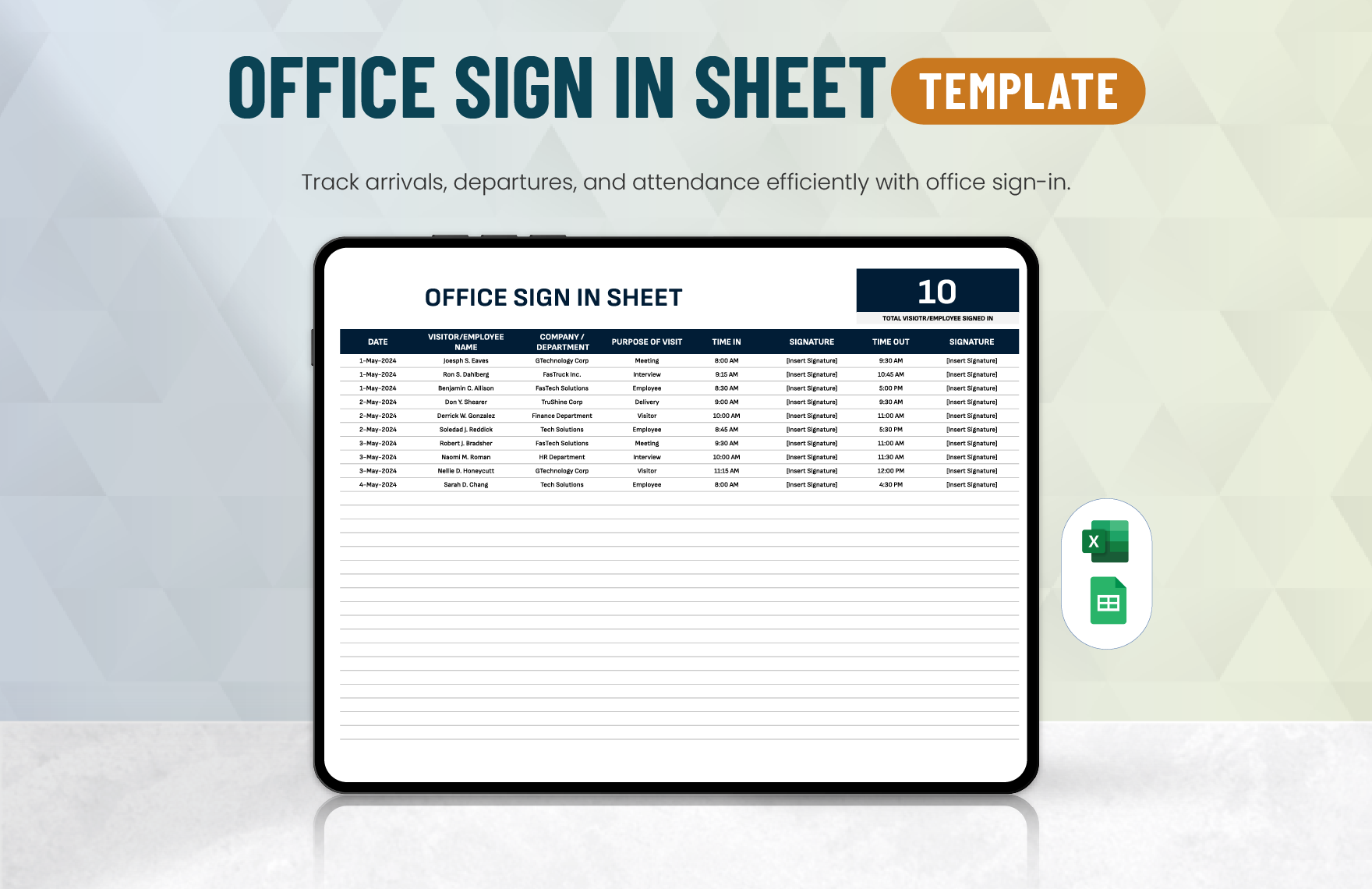 Office Sign in Sheet Template in Excel, Google Sheets