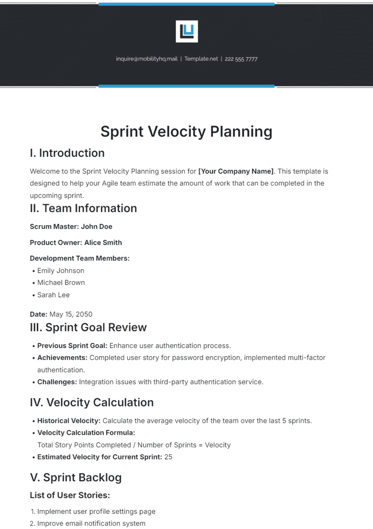 Sprint Velocity Planning Template