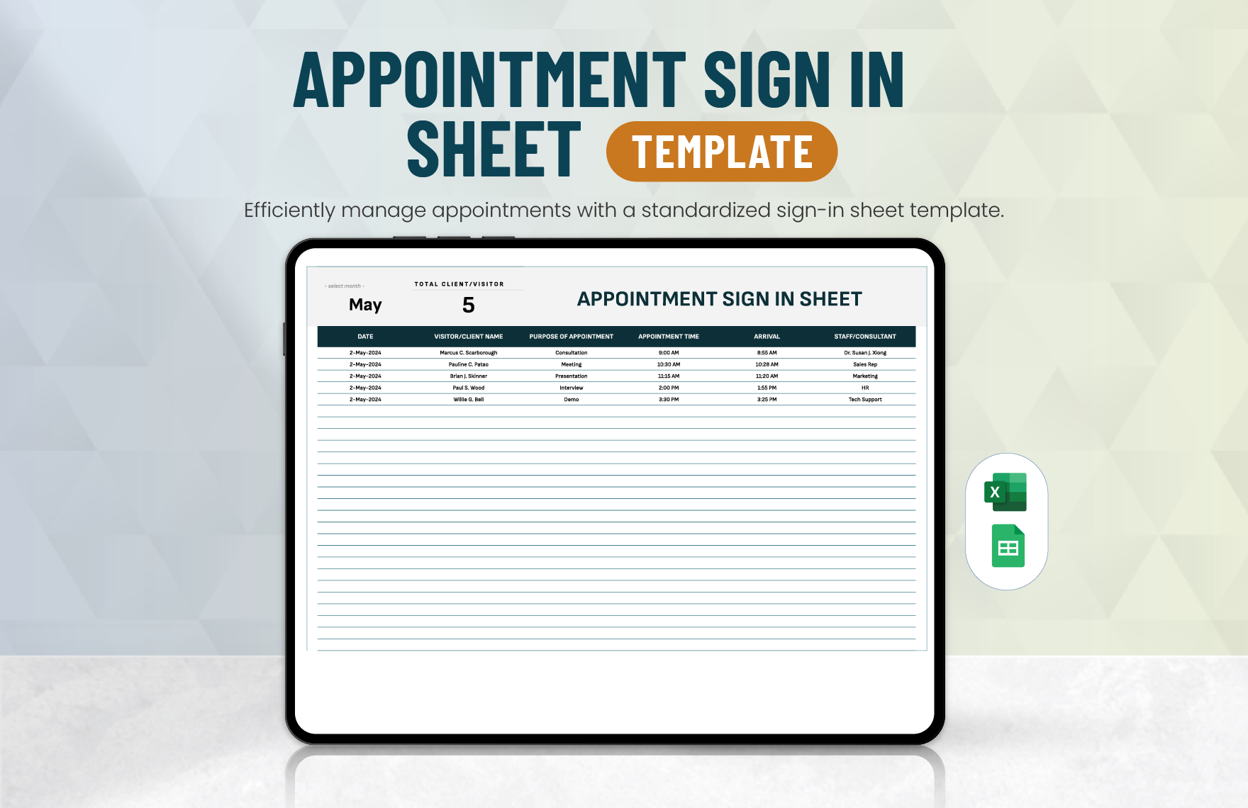 Appointment Sign in Sheet Template in Excel, Google Sheets