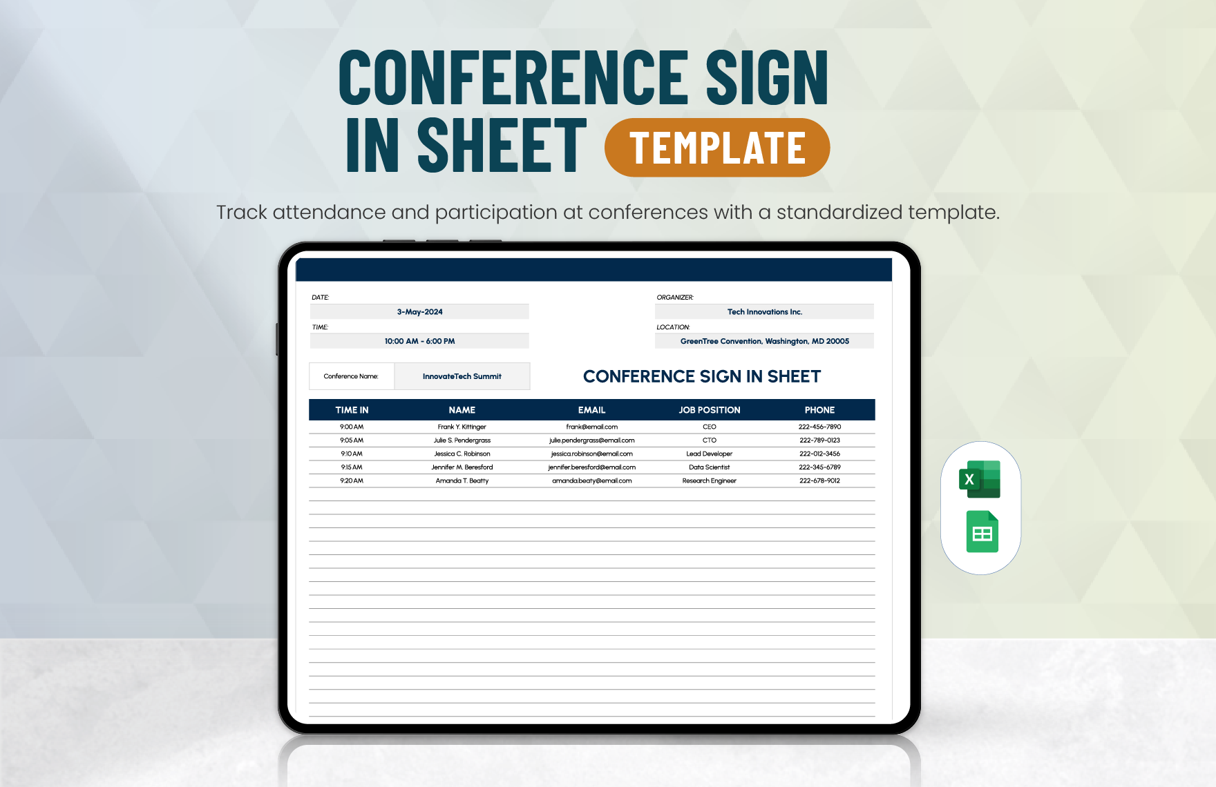 Conference Sign in Sheet Template in Excel, Google Sheets