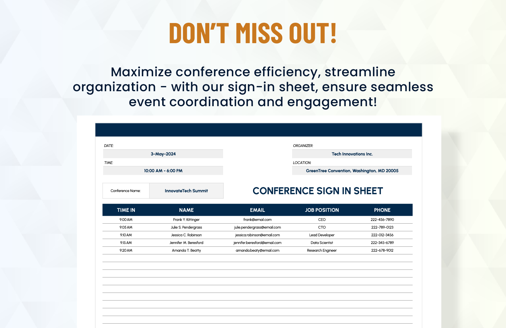 Conference Sign in Sheet Template