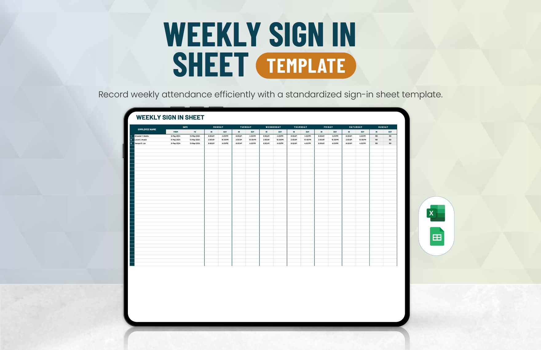 Weekly Sign in Sheet Template in Excel, Google Sheets