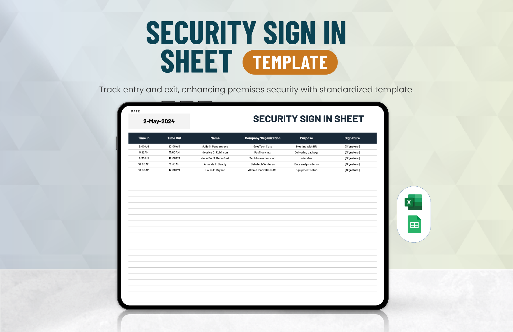 Security Sign in Sheet Template in Excel, Google Sheets