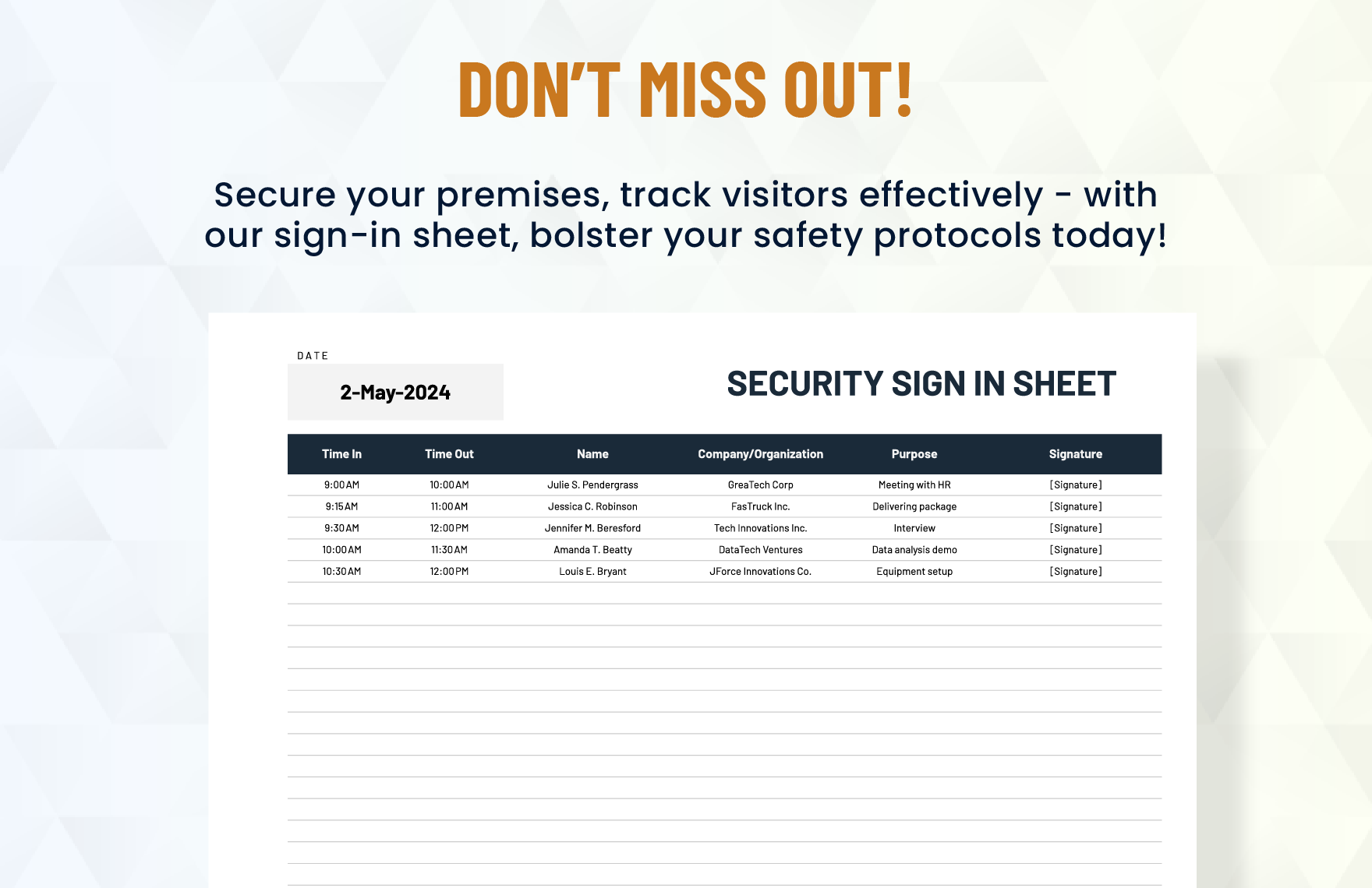 Security Sign in Sheet Template