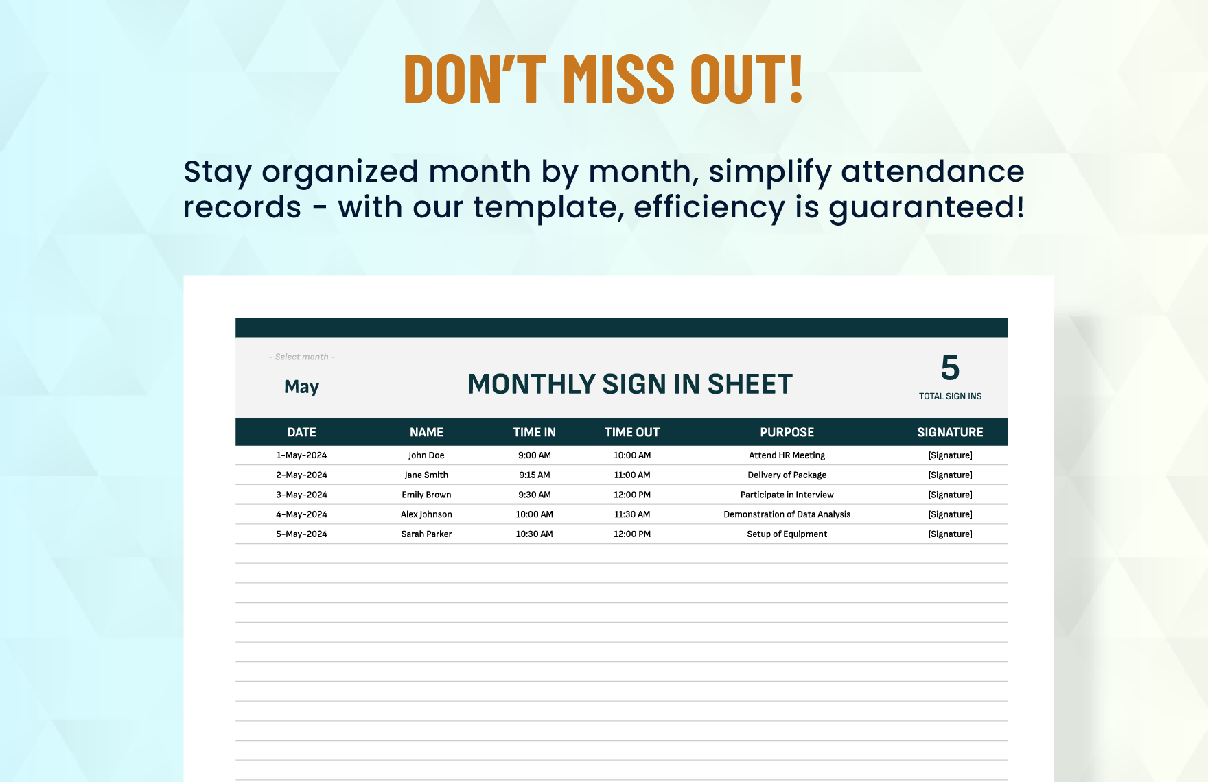 Monthly Sign in Sheet Template