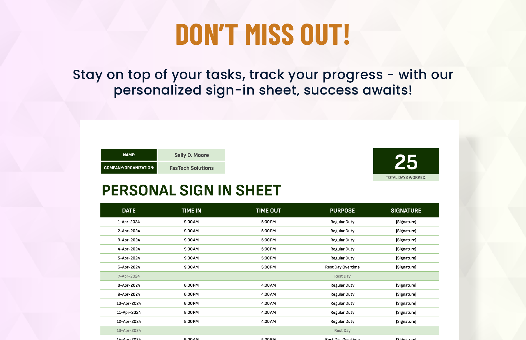 Personal Sign in Sheet Template