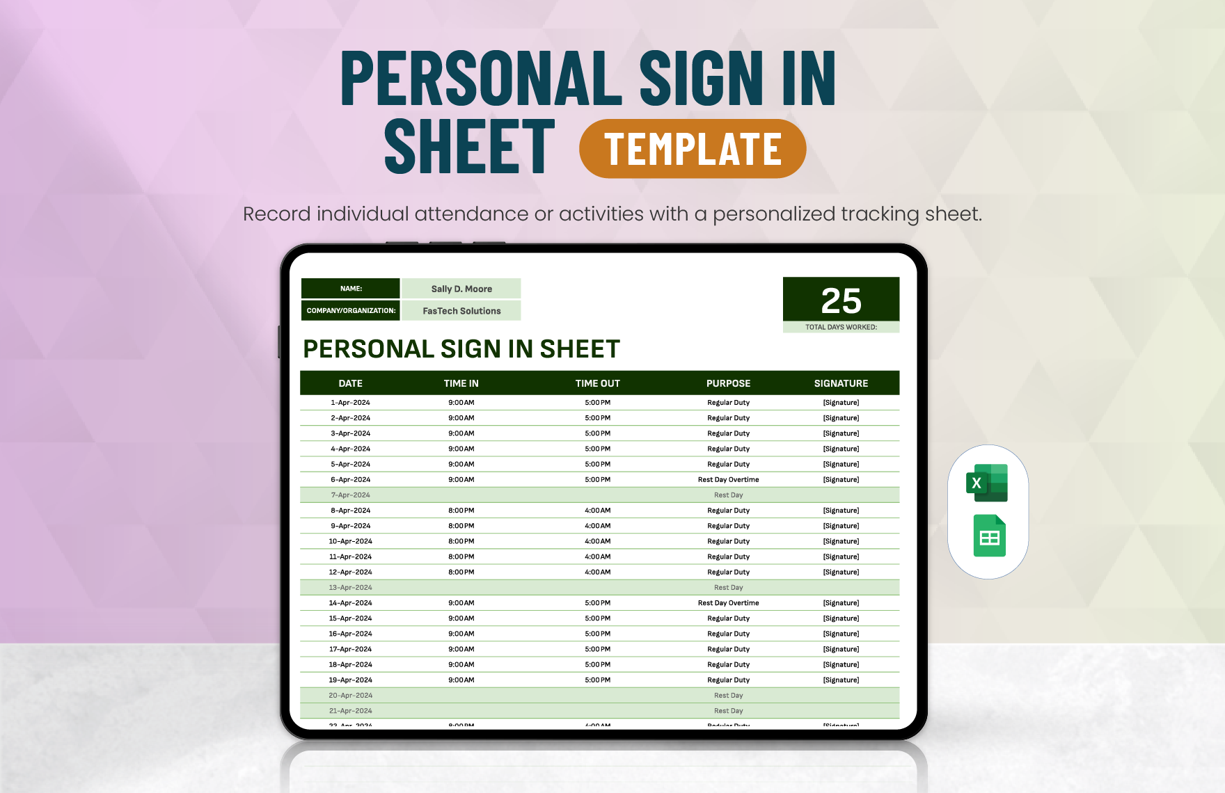 Personal Sign in Sheet Template in Excel, Google Sheets