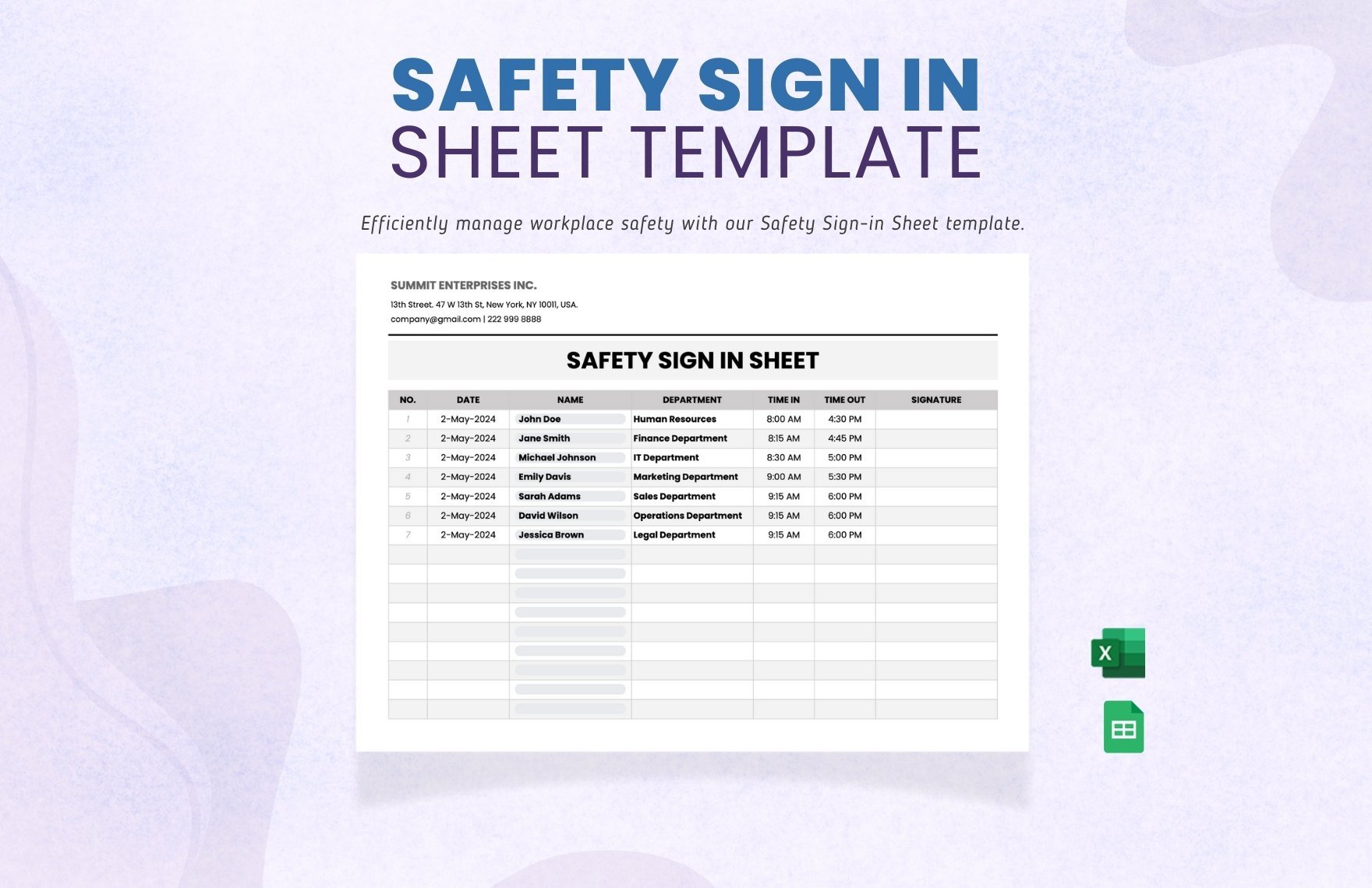 Safety Sign in Sheet Template in Excel, Google Sheets