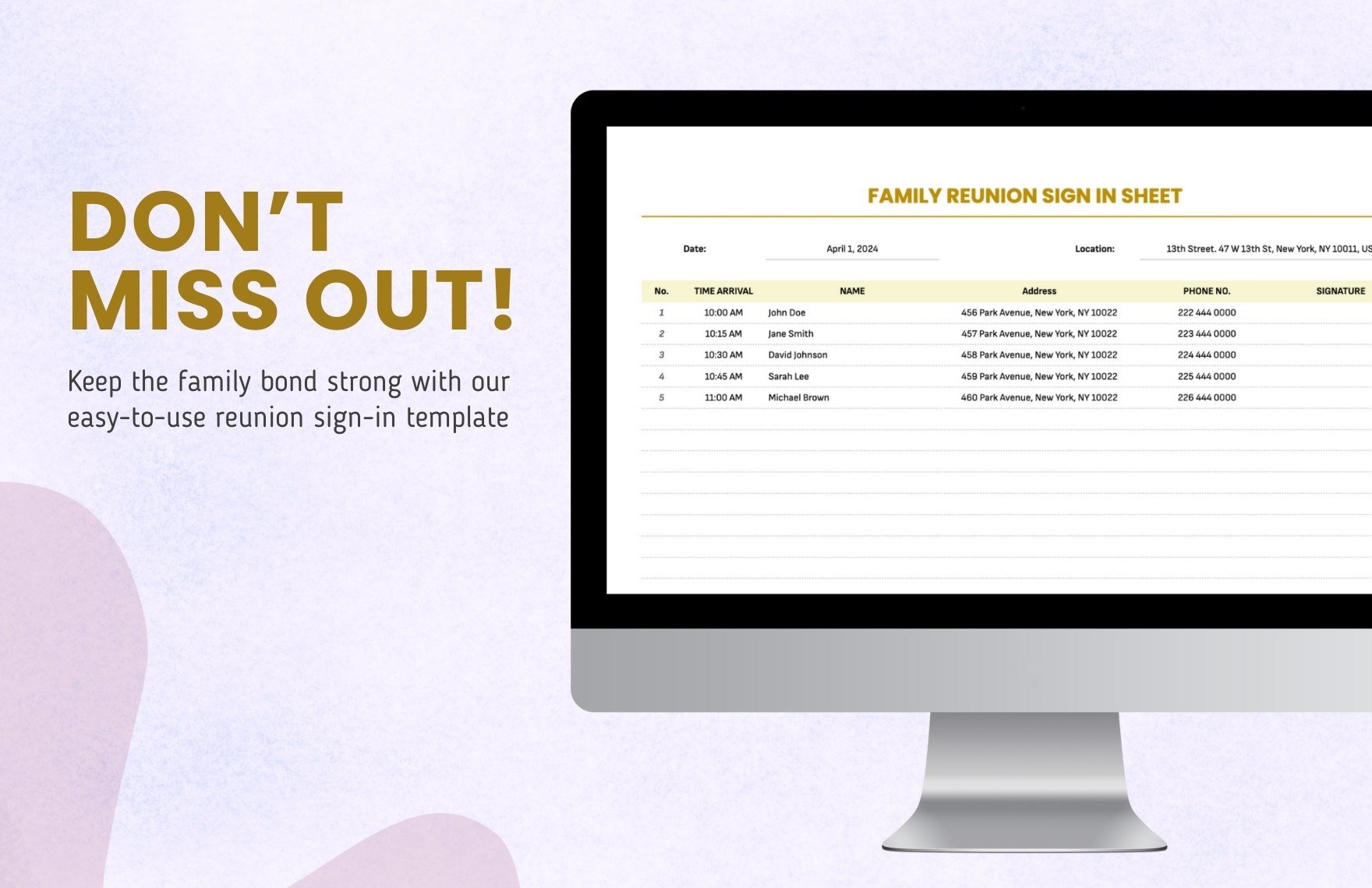 Family Reunion Sign in Sheet Template