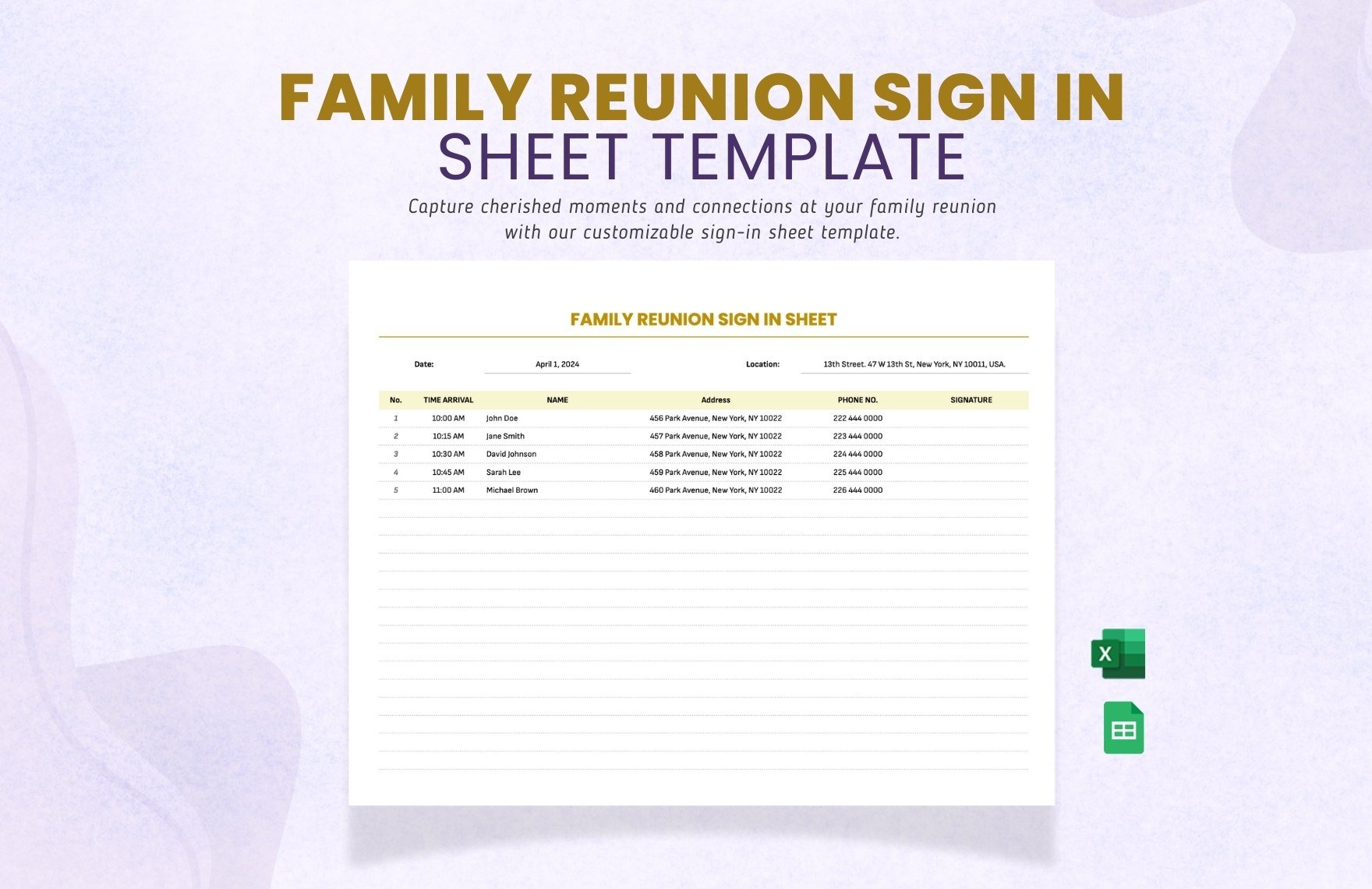Family Reunion Sign in Sheet Template in Excel, Google Sheets