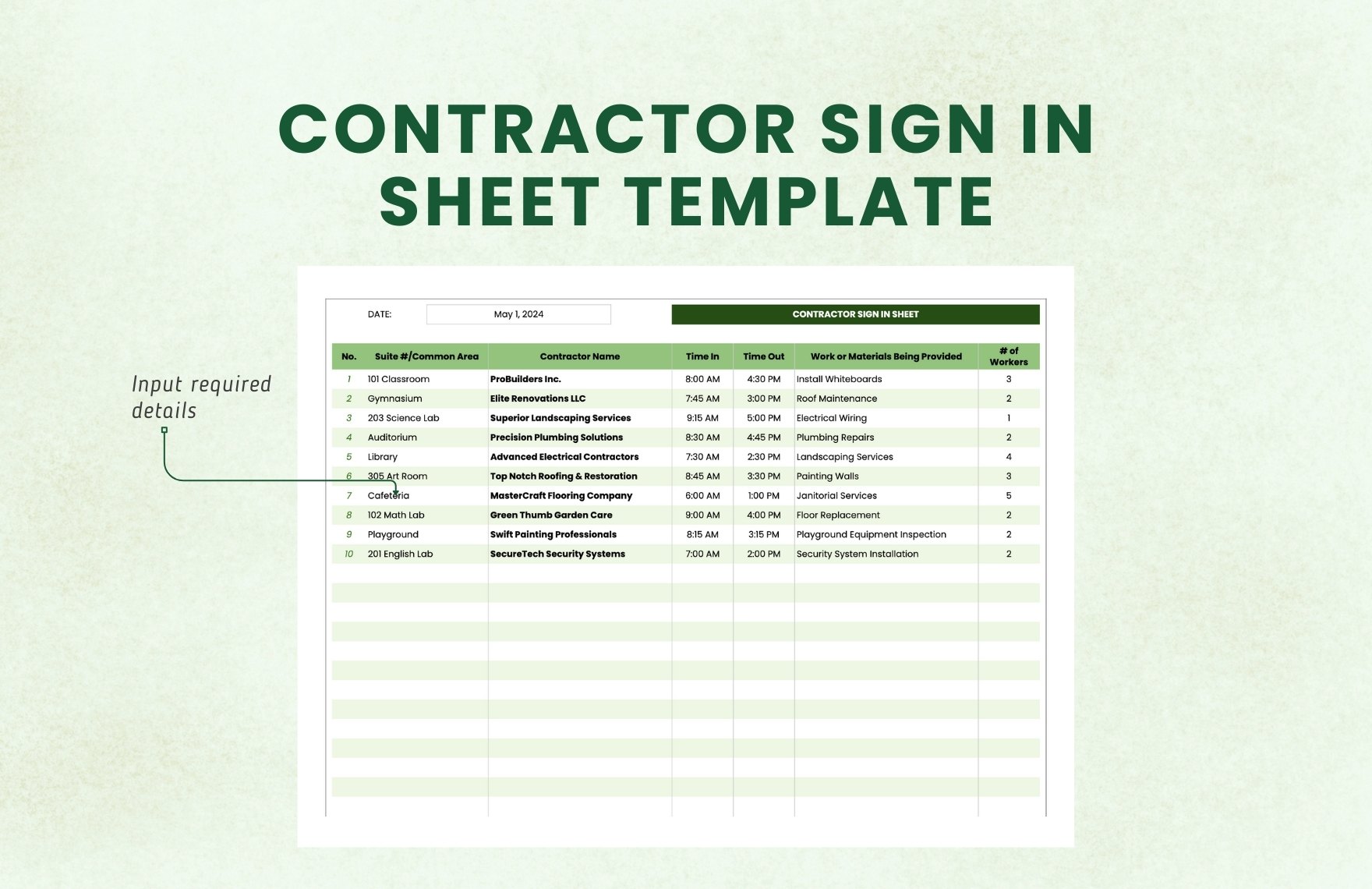 Contractor Sign In Sheet Template In Excel Google Sheets Download