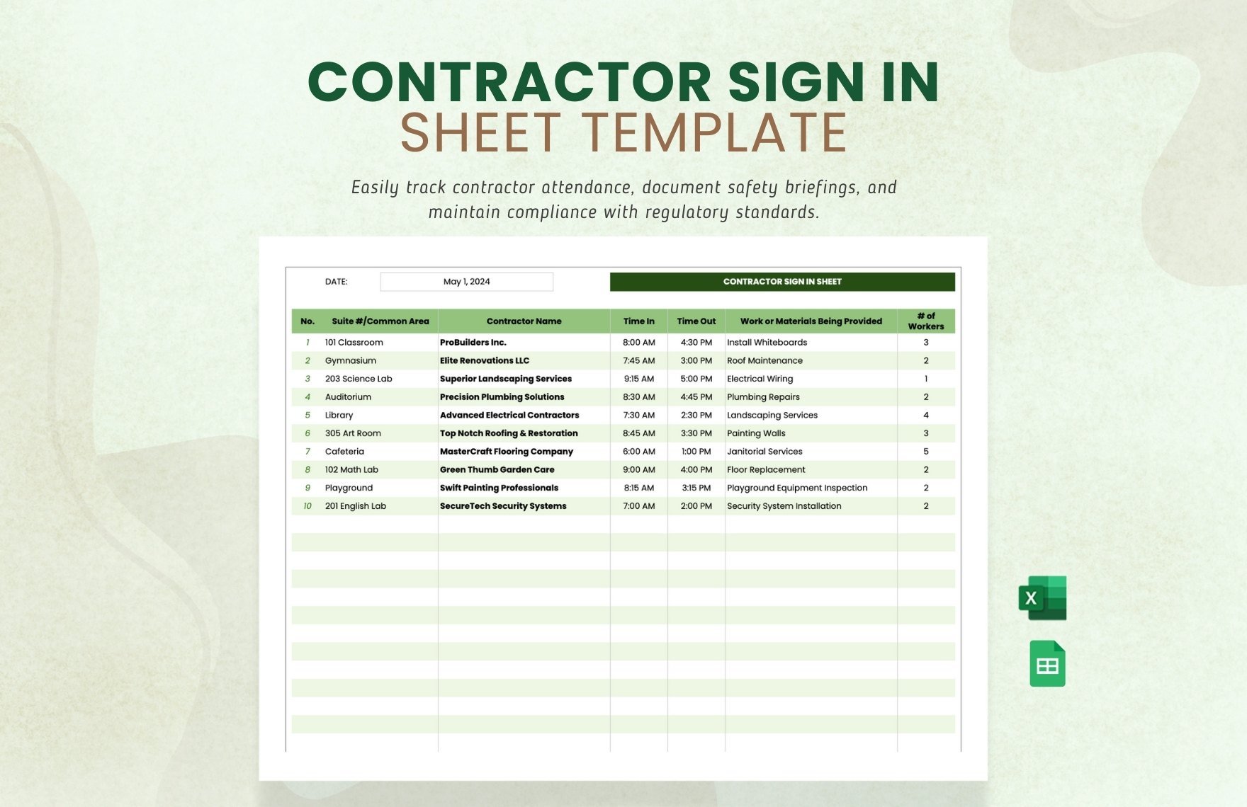 Contractor Sign in Sheet Template in Excel, Google Sheets