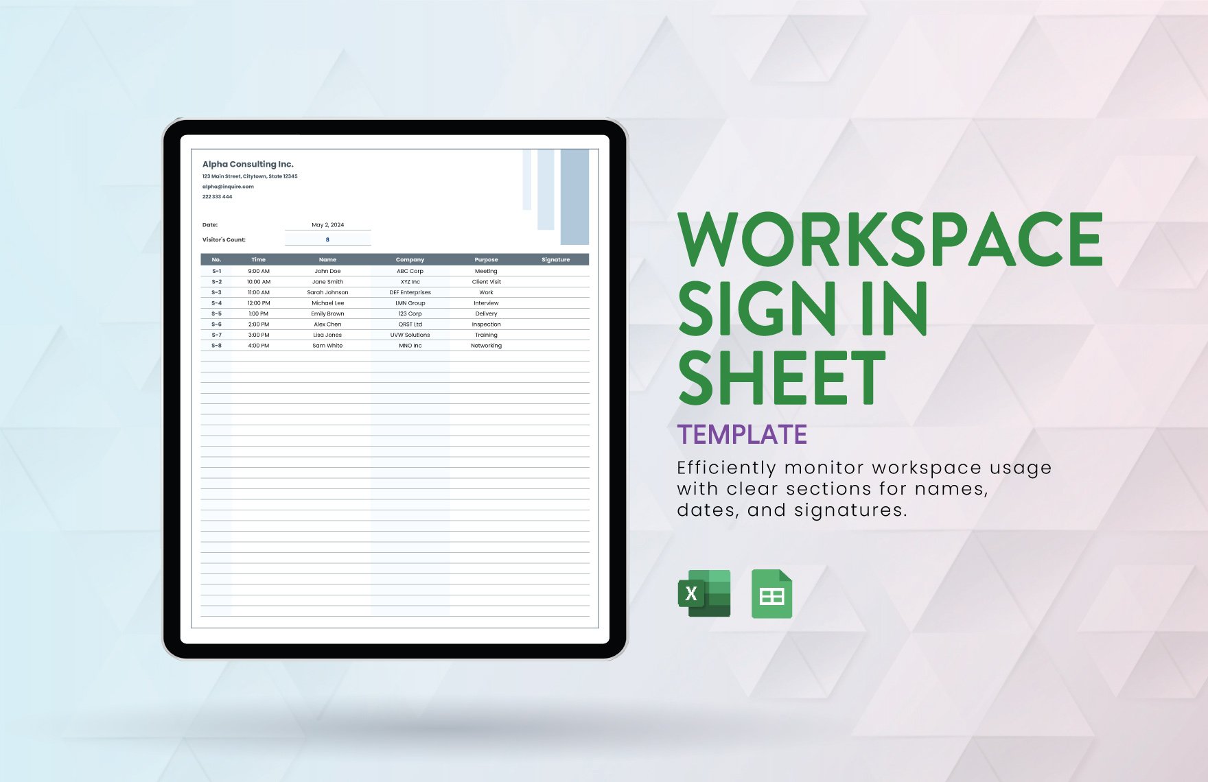 Workspace Sign in Sheet Template in Excel, Google Sheets