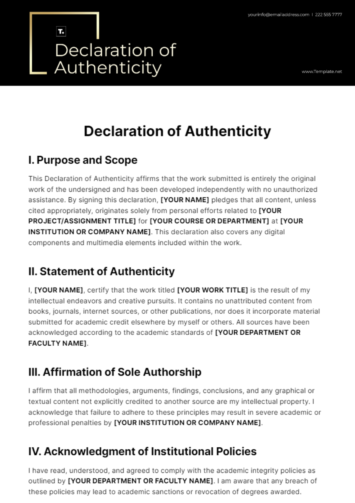 Declaration of Authenticity Template